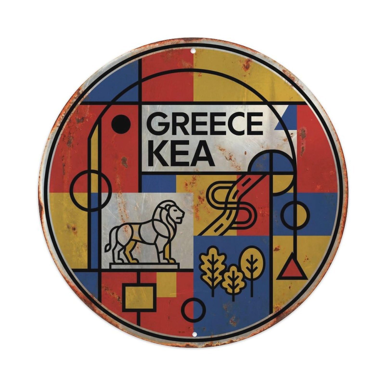 Kea Lion Greek Mid Century European Journey Metal Tin Sign Plaque Wall Decor for Cafe, Man Cave, Club Bar, Office, Home Garden Round Metal Poster 8x8Inch