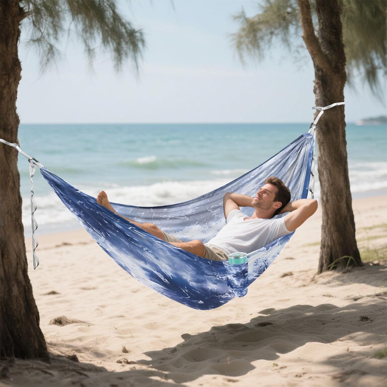 ALAZA Blue Tie Dye Indigo Camping Hammocks Single or 2 Person 500 lbs Portable Parachute Travel Hammock w/Tree Straps for Hiking Backpacking Indoor Outdoor