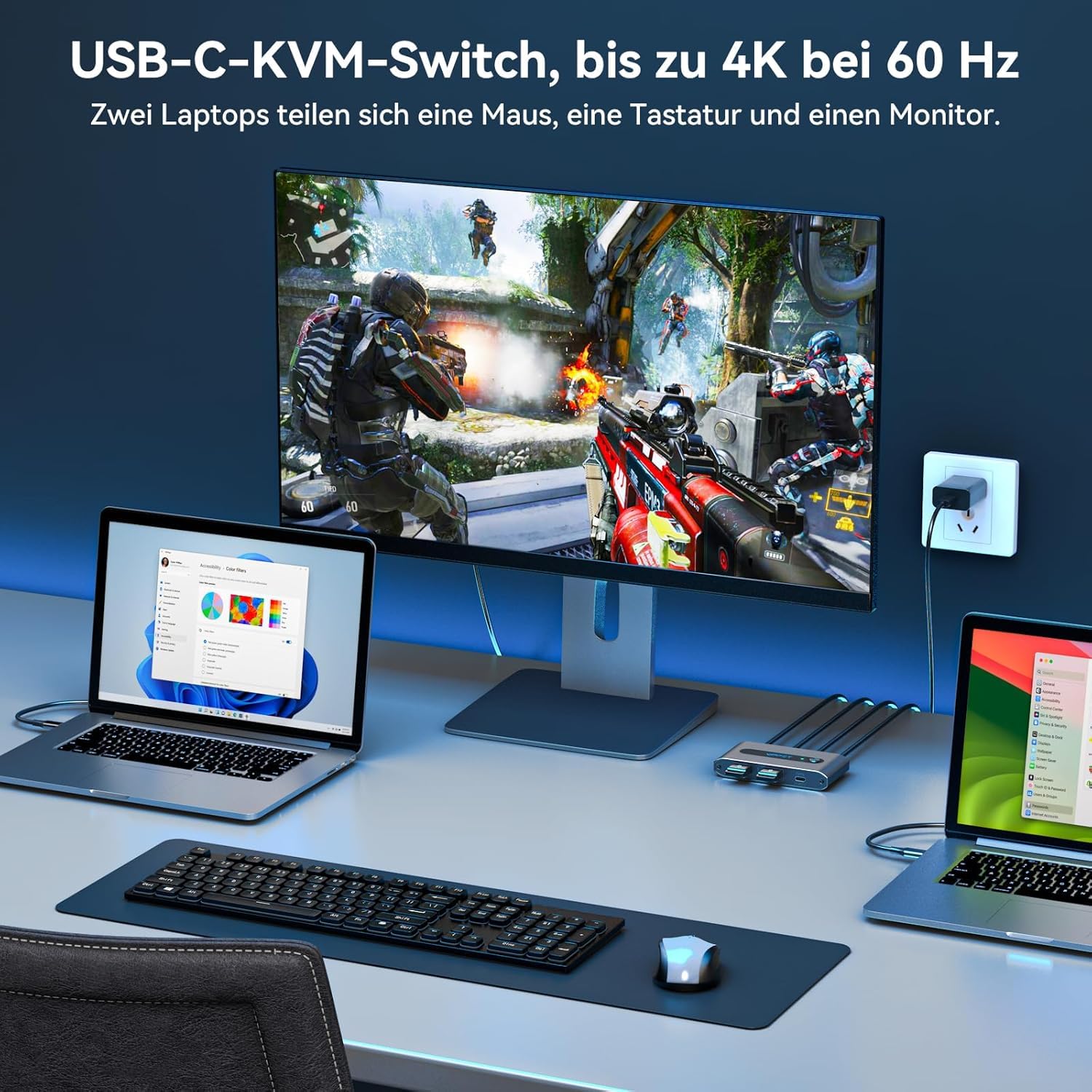 VPFET USB C KVM Switch 2 PC 1 Monitor HDMI 4K 60 Hz przełączniki KVM dla dwóch laptopów i Macbooka 100W PD do współdzielenia 1 zestawu klawiatury, myszy i pojedynczego monitora (szary)