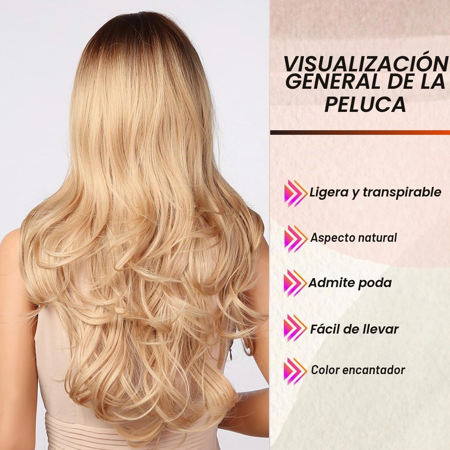 Peluca Rubia con Flequillo Cortina - Peluca Larga Ondulada para Mujeres, Cabello Sintético Resistente al Calor con Raíces Oscuras