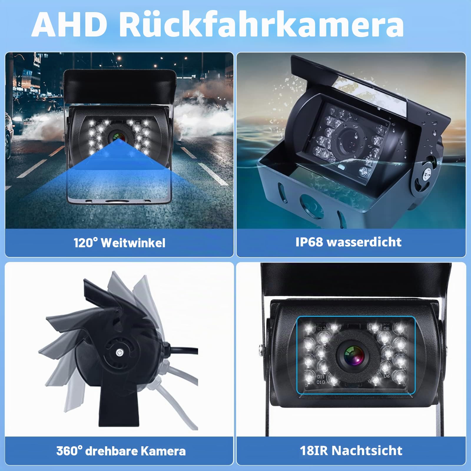 CAMECHO Rückfahrkamera 4 Kameras Set 9" Monitor IP68 wasserdicht 18IR Nachtsicht Weitwinkel 12V-35V für LKW Anhänger Bus Van