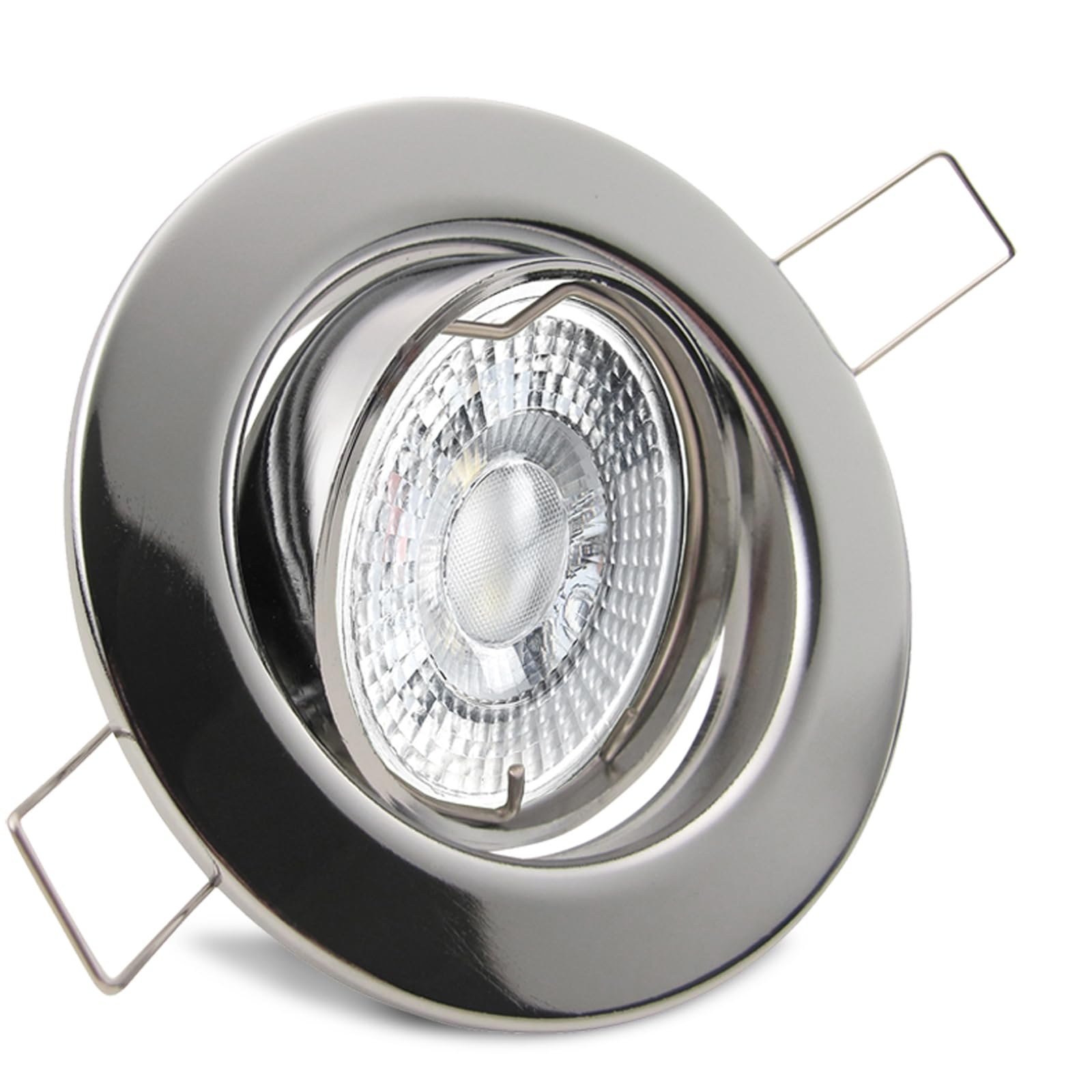 trendlights24 Decora LED Einbaustrahler 230V Chrom rund, 1er Set Spots 6W GU10 Warmweiß, Decken Einbauleuchte 68 mm, Einbauspots schwenkbar