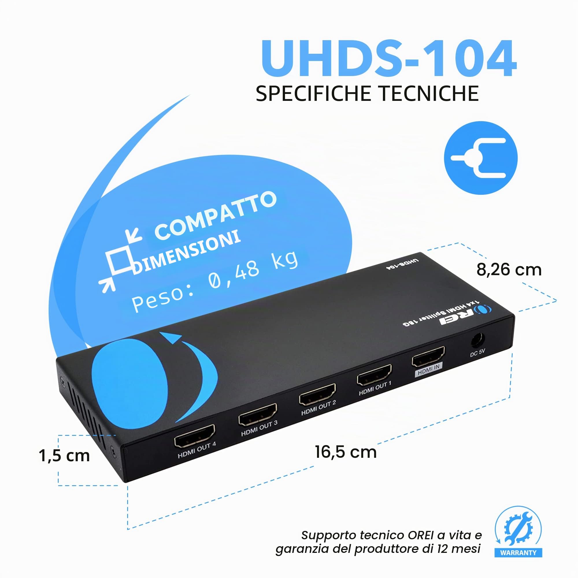 OREI UltraHD 4K @ 60 Hz 1 X 4 HDMI Splitter 1 ingresso 4 porte 4: 8-bit - HDMI 2.0, HDCP 2.0, 18 Gbps, EDID, Duplicate/Mirror 4K Schermi - UHDS-104