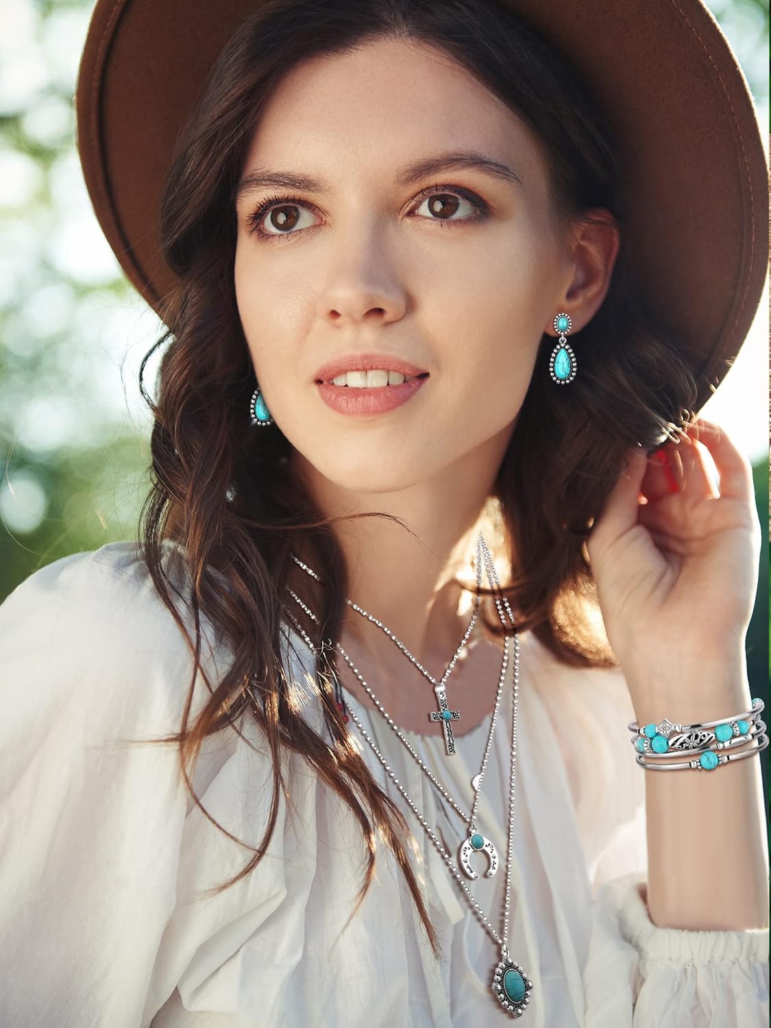 Inbagi 3 Pcs Western Jewelry for Women Bohemian Set, Boho Pendant Long Choker, Faux Leather Layered Bracelet, Dangle Earrings(Stylish Style) - Image 2