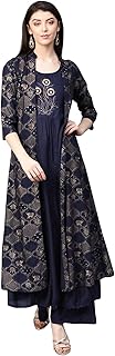 ishin Women's Rayon Navy Blue Embroidered Anarkali Kurta Palazzo Set With Jacket Price In India