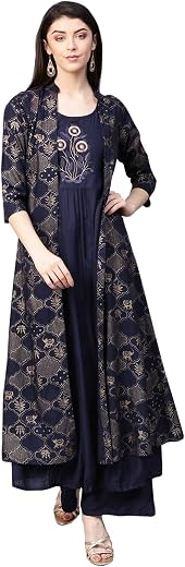 ishin Women's Rayon Navy Blue Embroidered Anarkali Kurta Palazzo Set With Jacket