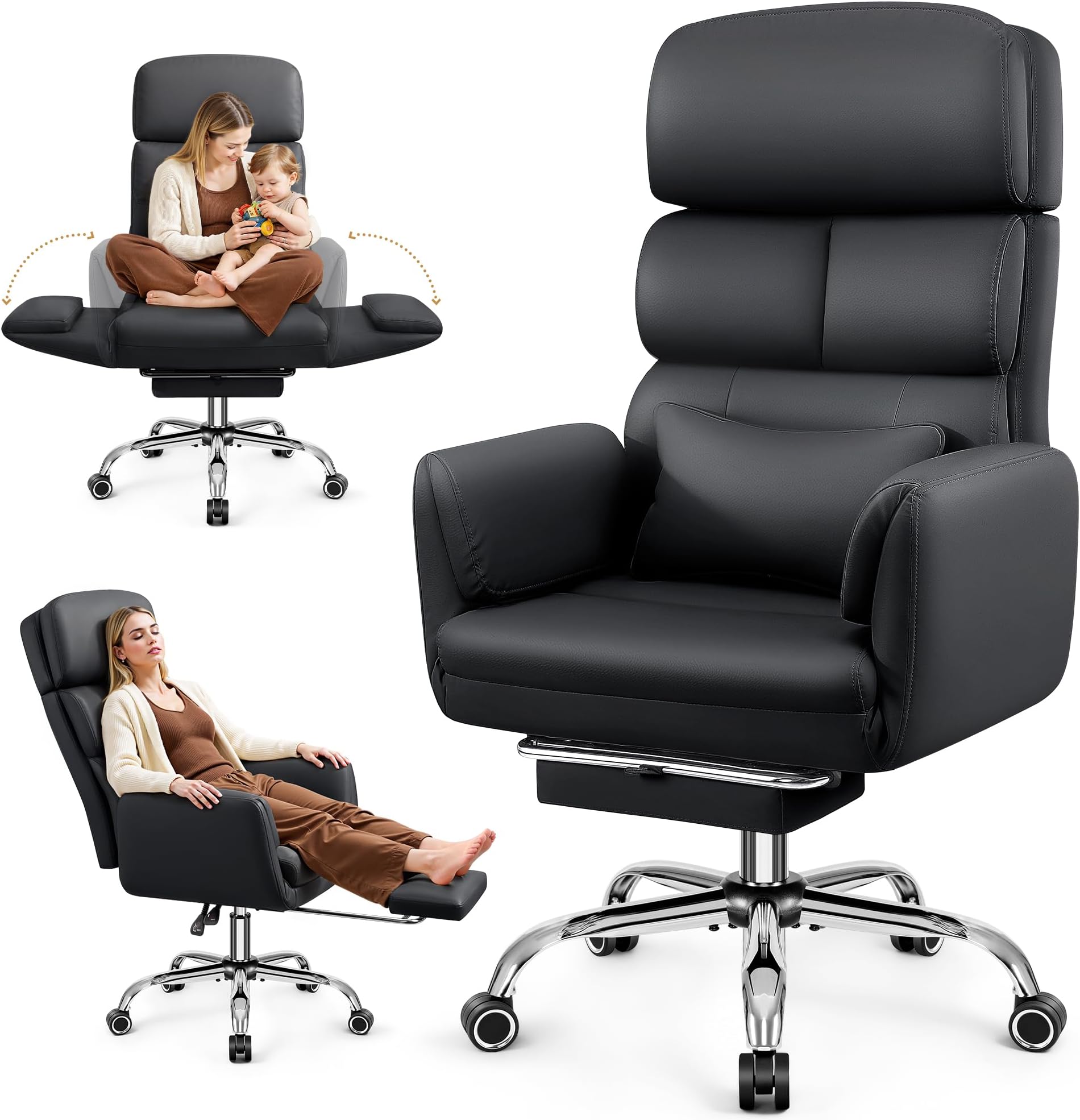 Big and Tall Office Chair 500LBS, Ergonomic High Back Leather Executive Chair, Reclining Swivel with Adjustable Armrests Lumbar Support Footrest, Cross Legged, Black
