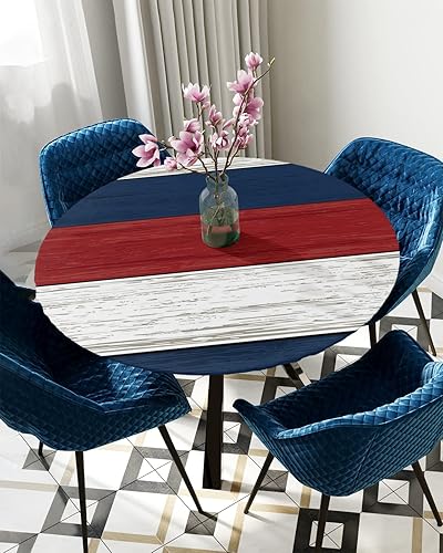 Miniatura 5 de Navy Blue Red White Round Fitted Tablecloth with Elastic Edge, Outdoor Table Cloth Waterproof, Farmhouse Wooden Striped Patio Table Covers for