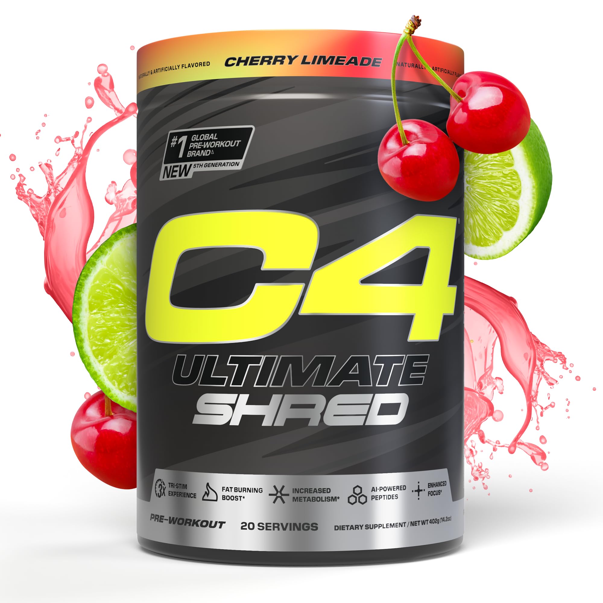 Cellucor C4 Ultimate Shred Pre Workout Powder, Metabolism Supplement with Cayenne Extract+300mg Caffeine+TeaCrine+Dynamine - Cherry Limeade, 20 Servings