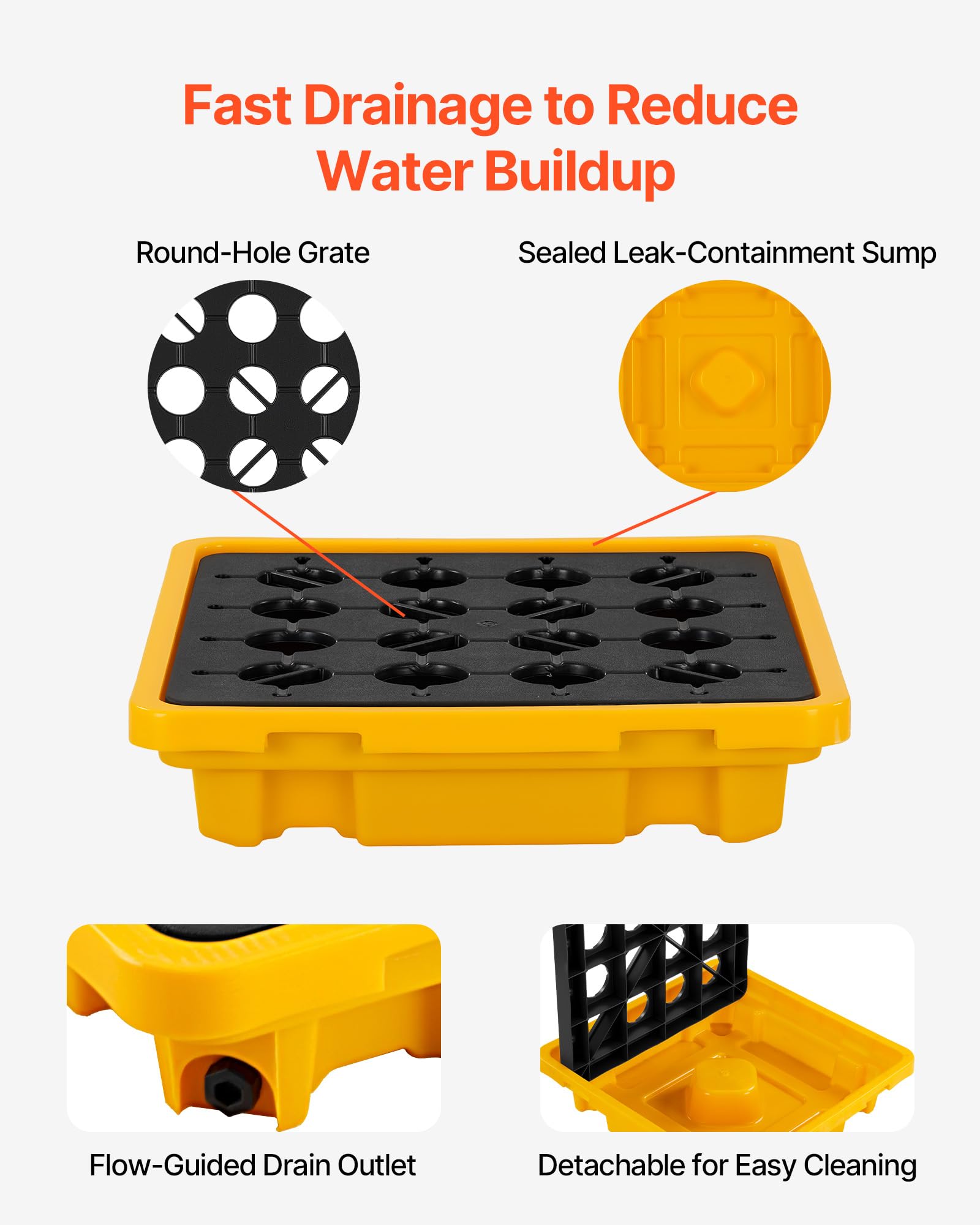 VEVOR Palette de Rétention pour 1 Fût, Bac de Rétention avec Caillebotis et Drain, Plateforme de Déversement en PEHD à Profil Bas, Capacité 43,2 L, Charge Maximale 700 kg, 670x675x150 mm, Jaune