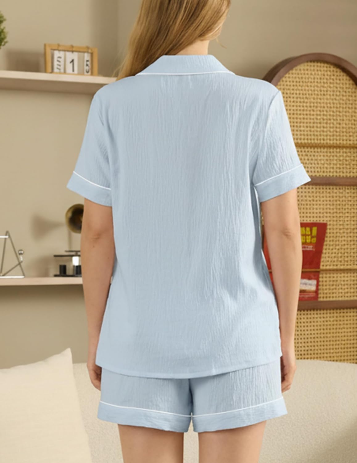 Womens Pajamas Set Bubble Cotton Soft Short Sleeve Set Button Down Nightwear 2 Piece Lounge Sets Cute Sleepwear - Image 6