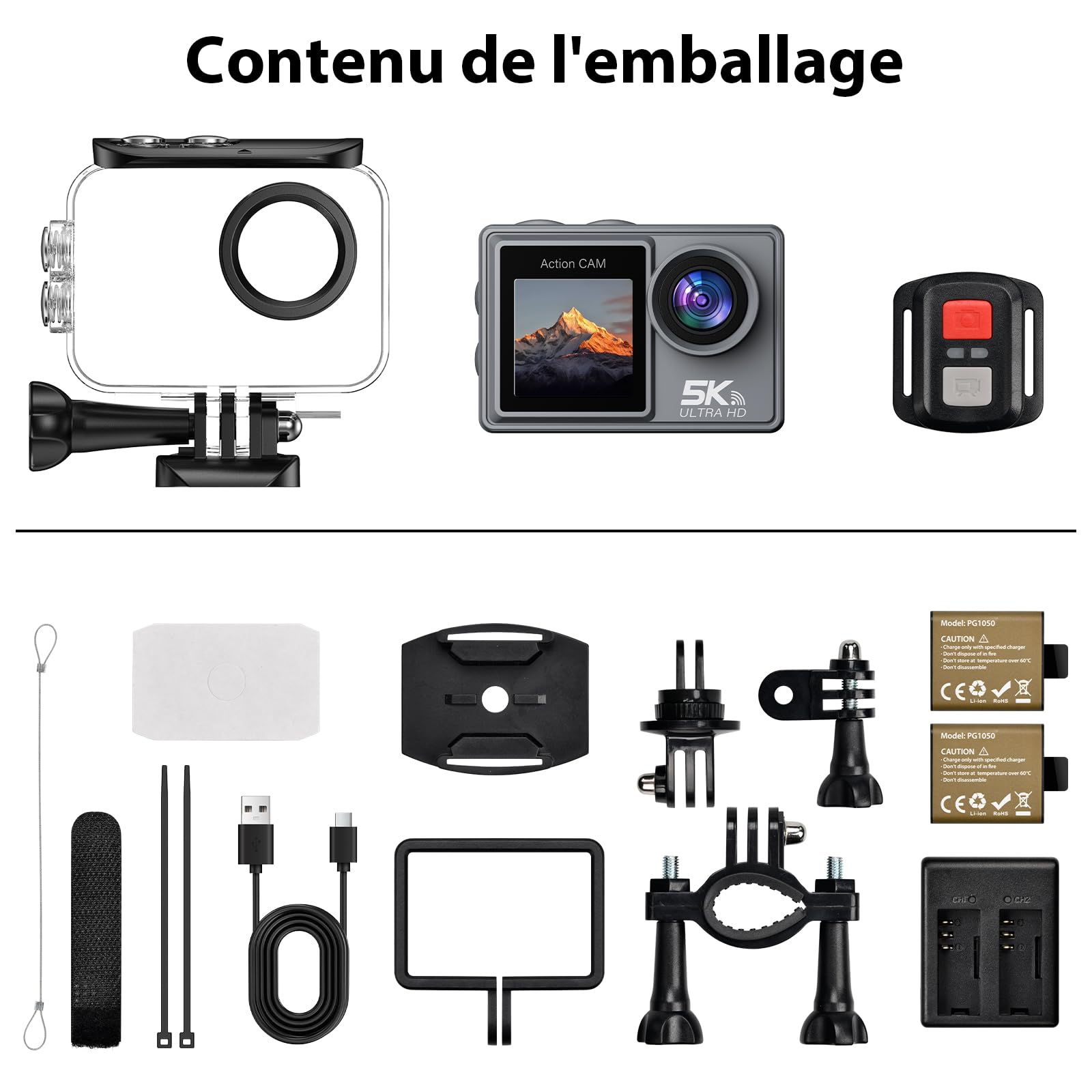 Caméra Sport 5K/4K 60FPS 50MP, Camera Étanche 30M, Caméra d'Action avec 64GB Carte, Stabilisation EIS, WiFi, Grand Angle 170°, Appareil Photo Etanche, Camera Casque pour Moto Plongée Vélo Vlog