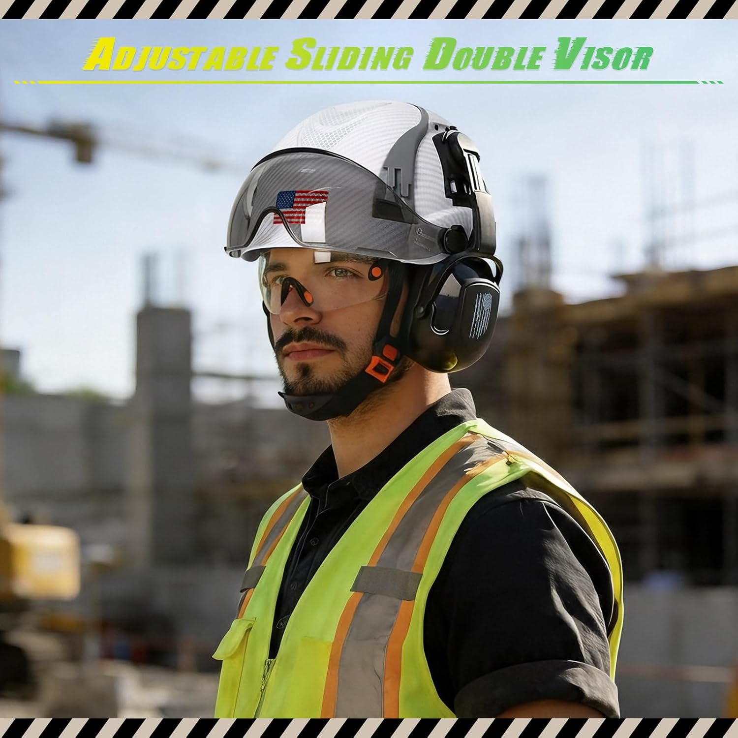 Hard Hat with Visor and Hearing Protection-OSHA Approved Construction Hard Hats with Visor Sunglasses Earmuffs for Men,Vented Chainsaw Helmet with Chin Straps