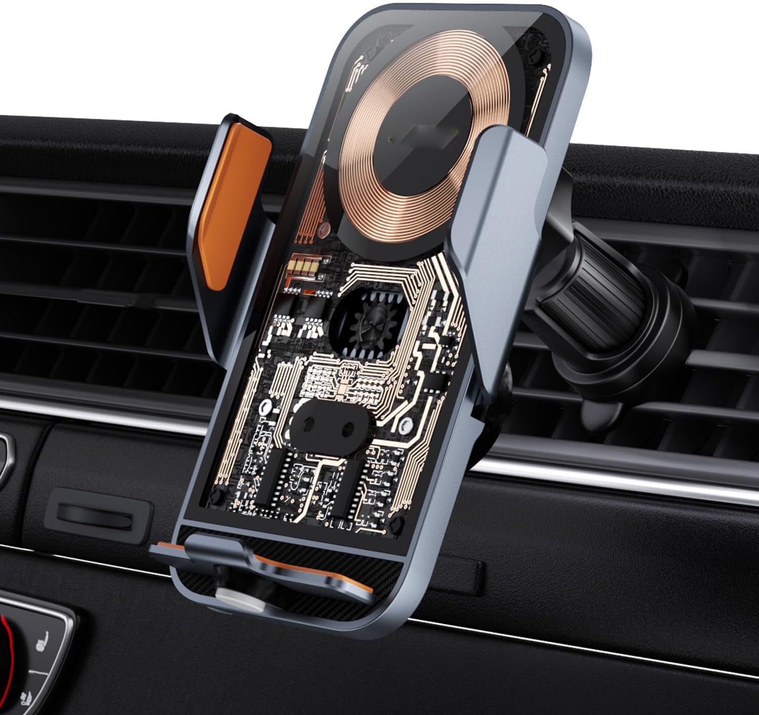 Car Charger Auto Clamping Car Phone Holder Transparent Shell Tempered Glass 360 Degree Rotatable Ball Joint Car Air Vent and Stick On Dashboard Phone Holder (C11)