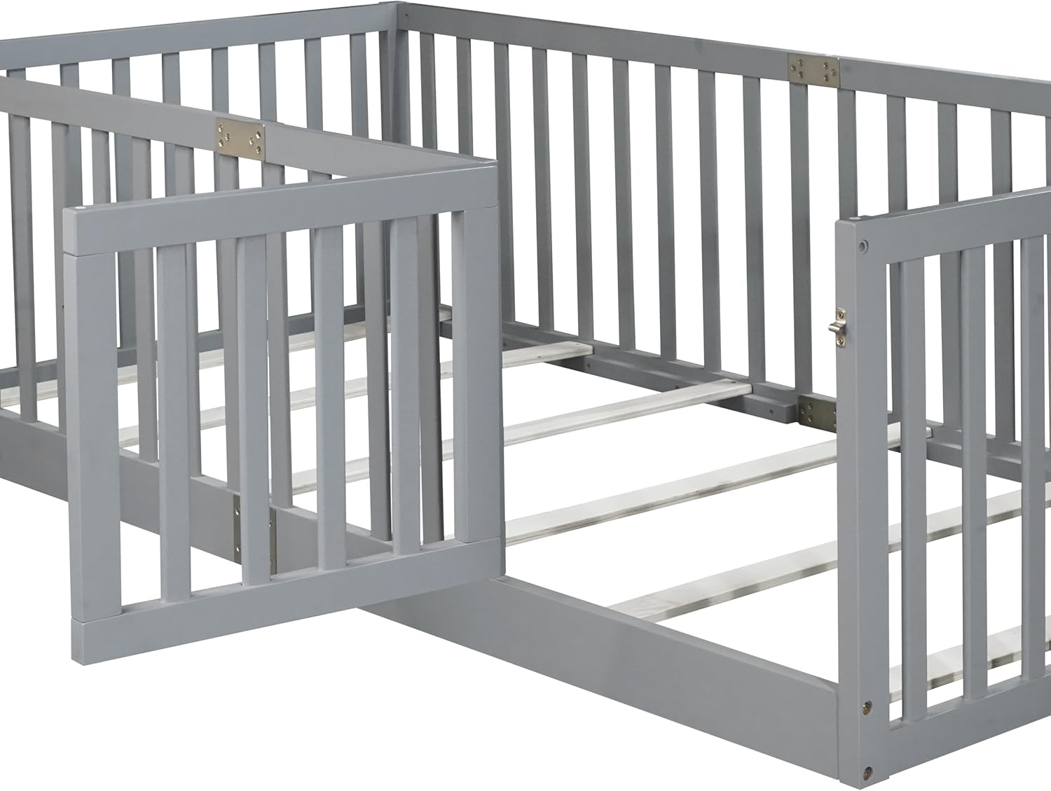 Bellemave Twin Size Kids Montessori Floor Bed Frame with Door and Slats,Solid Wood Floor Bed Frame with Slats and High Fence for Kids,Girls,Boys,Gray
