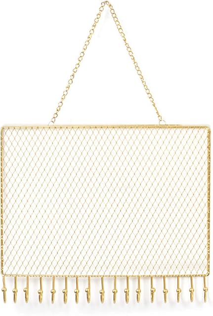 Hanging Jewelry Organizer,Metal Wall Mounted Earring Display Hanger with Hooks,Gold Mesh Necklaces Bracelets Holder Closet Storage Rack for Girl Women 18 * 28cm
