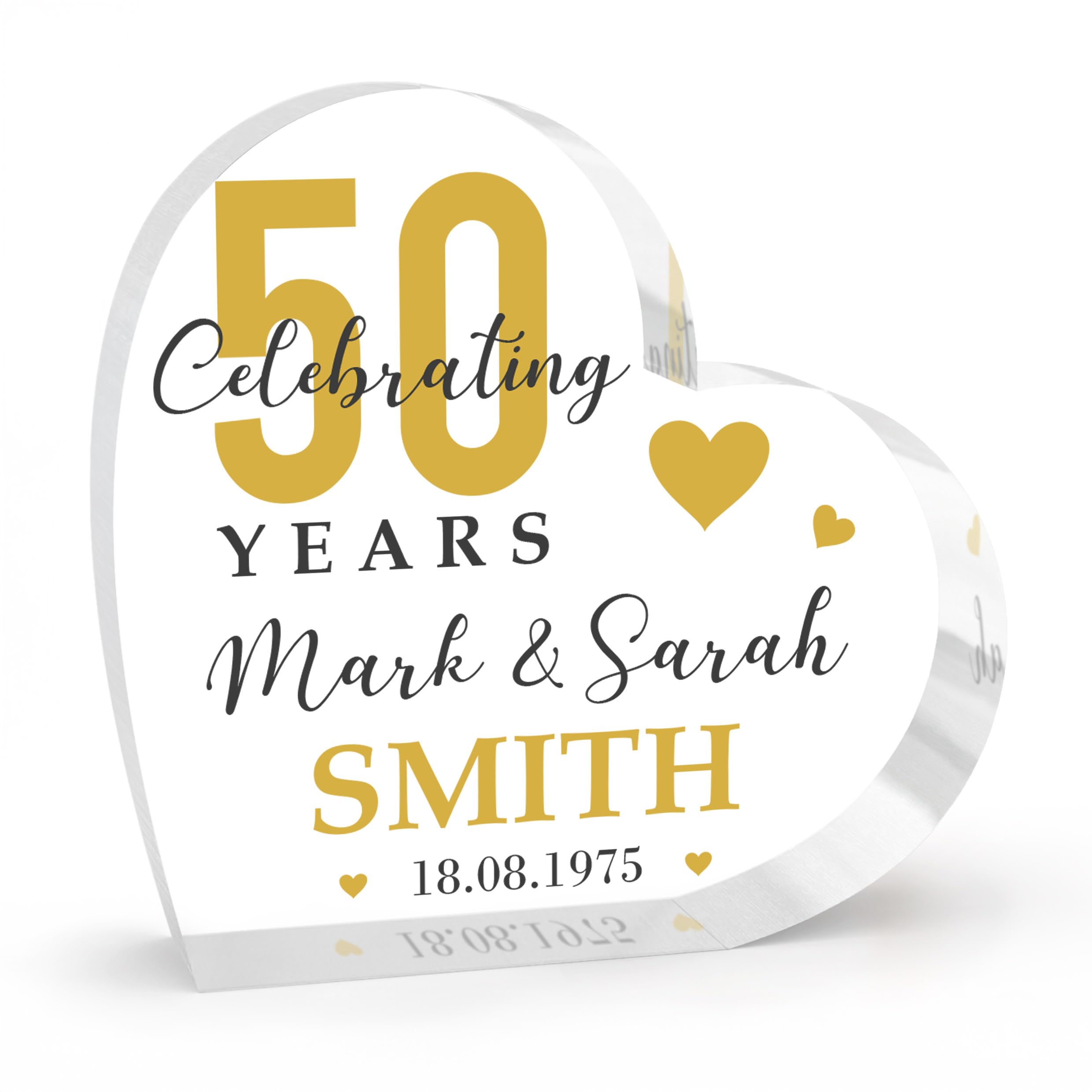 50th Wedding Anniversary for Mum and Dad Gifts Parents Grandparents, Personalised 50th Wedding Anniversary Present for Couple, Golden, Gift, 50 Years, Acrylic Heart Block With Grey Bag