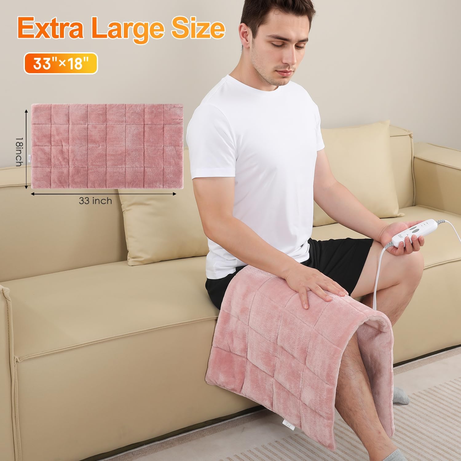 Weighted Heating Pad with 2 Massager,18"x33" X-Large Heated Pad for Back Pain Relief with 3 Heat Settings 2Hrs Auto Shut-Off for Neck Shoulder Arms Legs（4.85Lbs,Pink