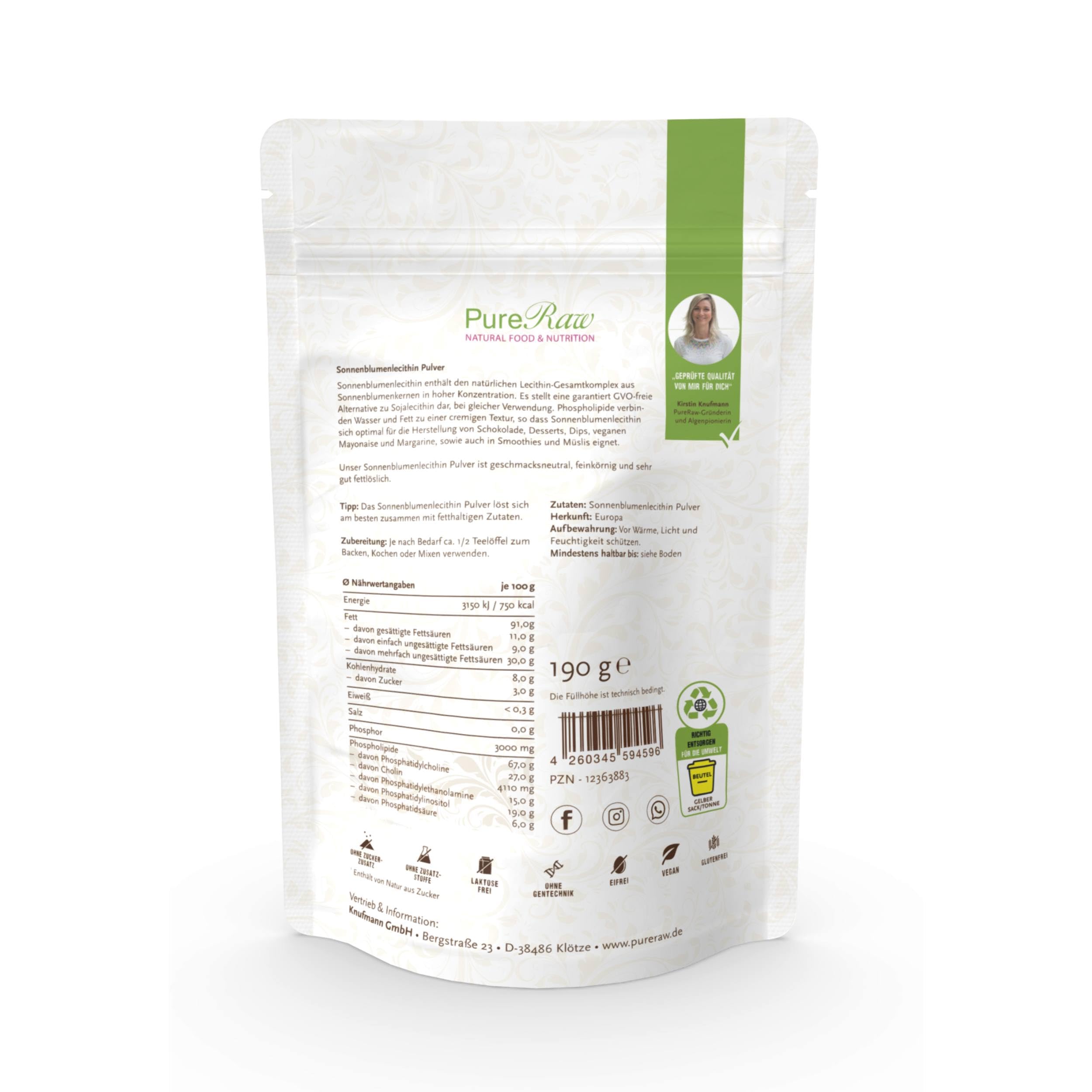 Sonnenblumen Lecithin Pulver zum Kochen & Backen - Sonnenblumenlecithin Pulver, Veganes Cholin Emulgator Feines Granulat - Sunflower Lecithin Powder I PureRaw 190g