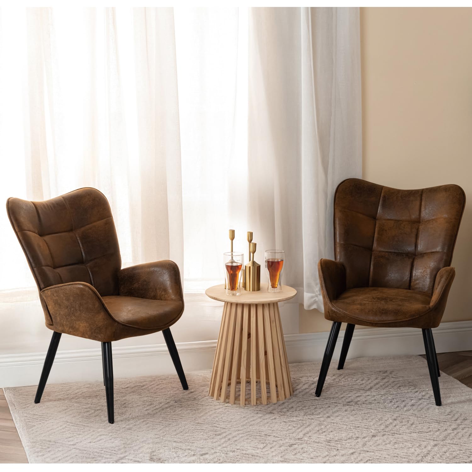 MEUBLE COSY Poltrona Imbottita Sedia da Salotto con Braccioli Poltroncina Relax con Schienale Alto e Cuscino Spesso Gambe in Metallo per Soggiorno in Pelle Scamosciata Marrone