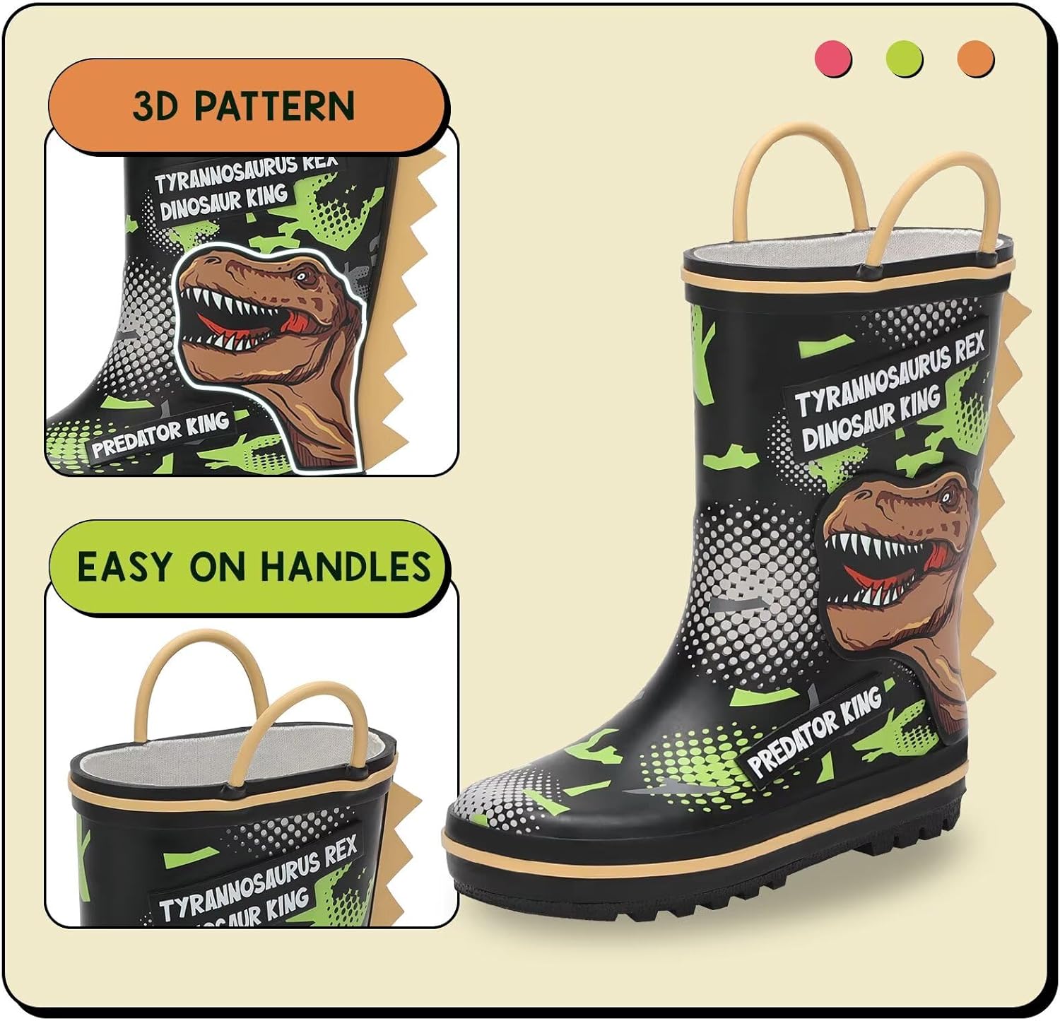EUXTERPA Toddler Rain Boots for Boys Girls Waterproof Kids Printed Rubber Boots with Easy On Handles