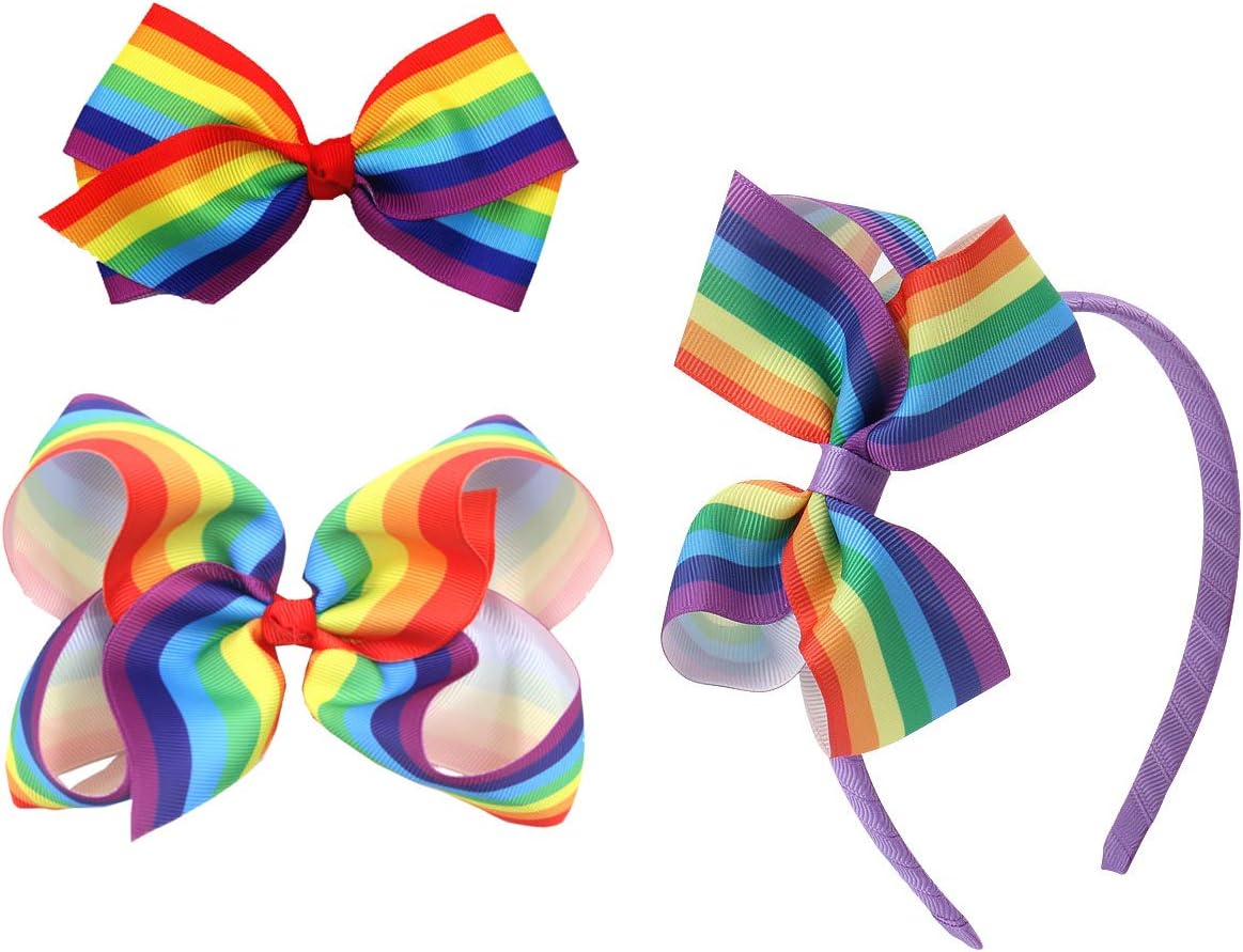 Rainbow Hair Bow with Clip Grosgrain Ribbons HairClips for Girls JB35 (Hair Hoop-A)
