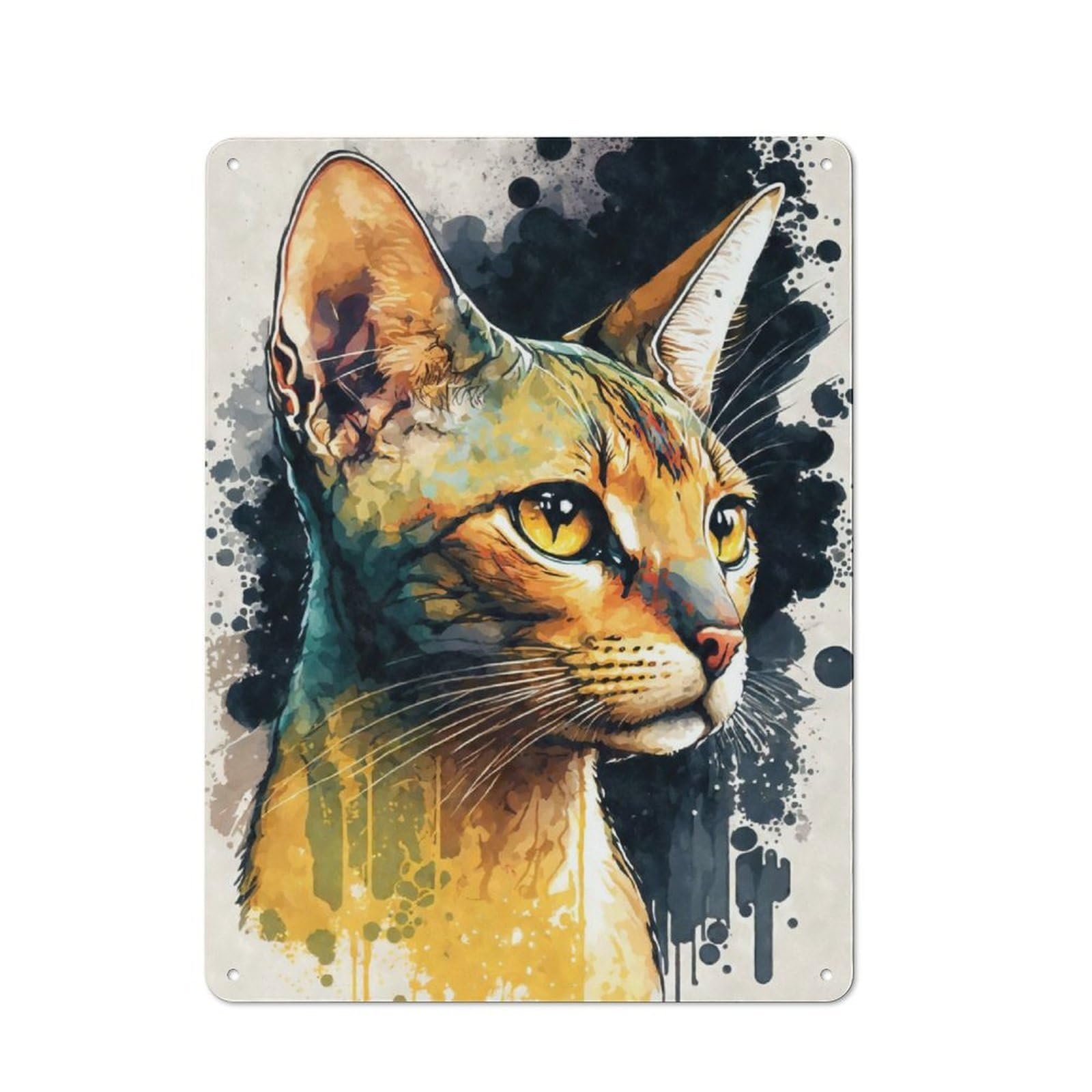 Junmoney Abyssinian Cat Watercolor For Lounge Or Reading Corner, Rustic Tin Sign 40X30cm, For An Autumn Update To Lounge And Reading Corner