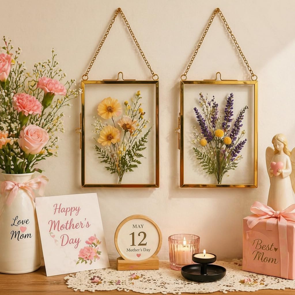 20 PCS Pressed Flower Frames with Tweezers,Wall Hanging Double Glass Frames 2.5x3.5 with Metal Chain for Dried Plants,Floating Photo Frame for Gallery Artwork, Horizontal Vertical,Gold