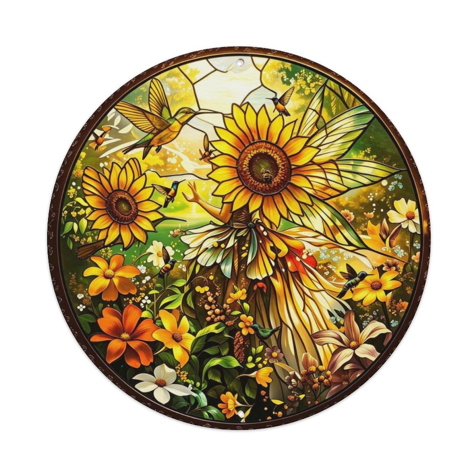 Sunflower & Honeybee Summer Garden Stained Glass Metal Tin Sign Plaque