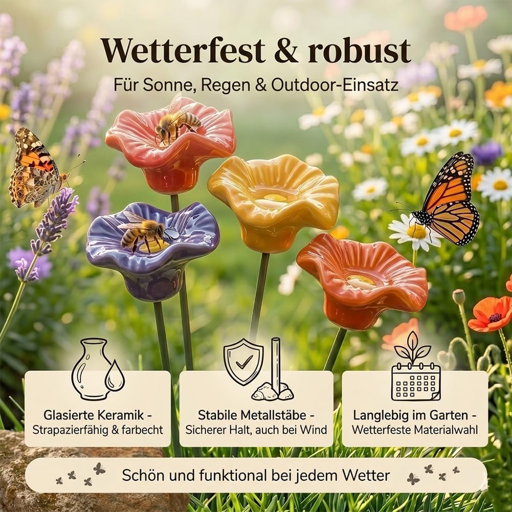 Keramikblüten für Bienen 4/8er-Set, Handgemachte Bienentränke Keramik, Wetterfest & Glasiert Bienentränke Blume, Insektentränke für Beet, Balkon, Terrasse, Fensterbank oder Blumentopf (4)