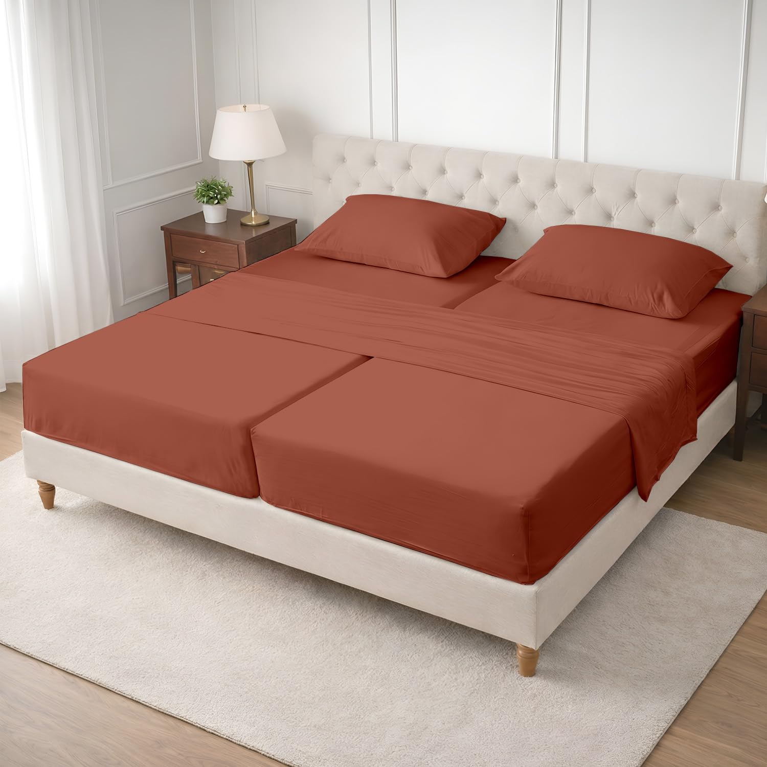 SGI Split King Sheet Set for Adjustable Bed Egyptian Premium Cotton 600 Thread Count Sheets for Sleep Number Bed 15" Deep Pocket 5 Pc Set with 2 Twin XL Fitted Sheets Soft Breathable - Terracotta