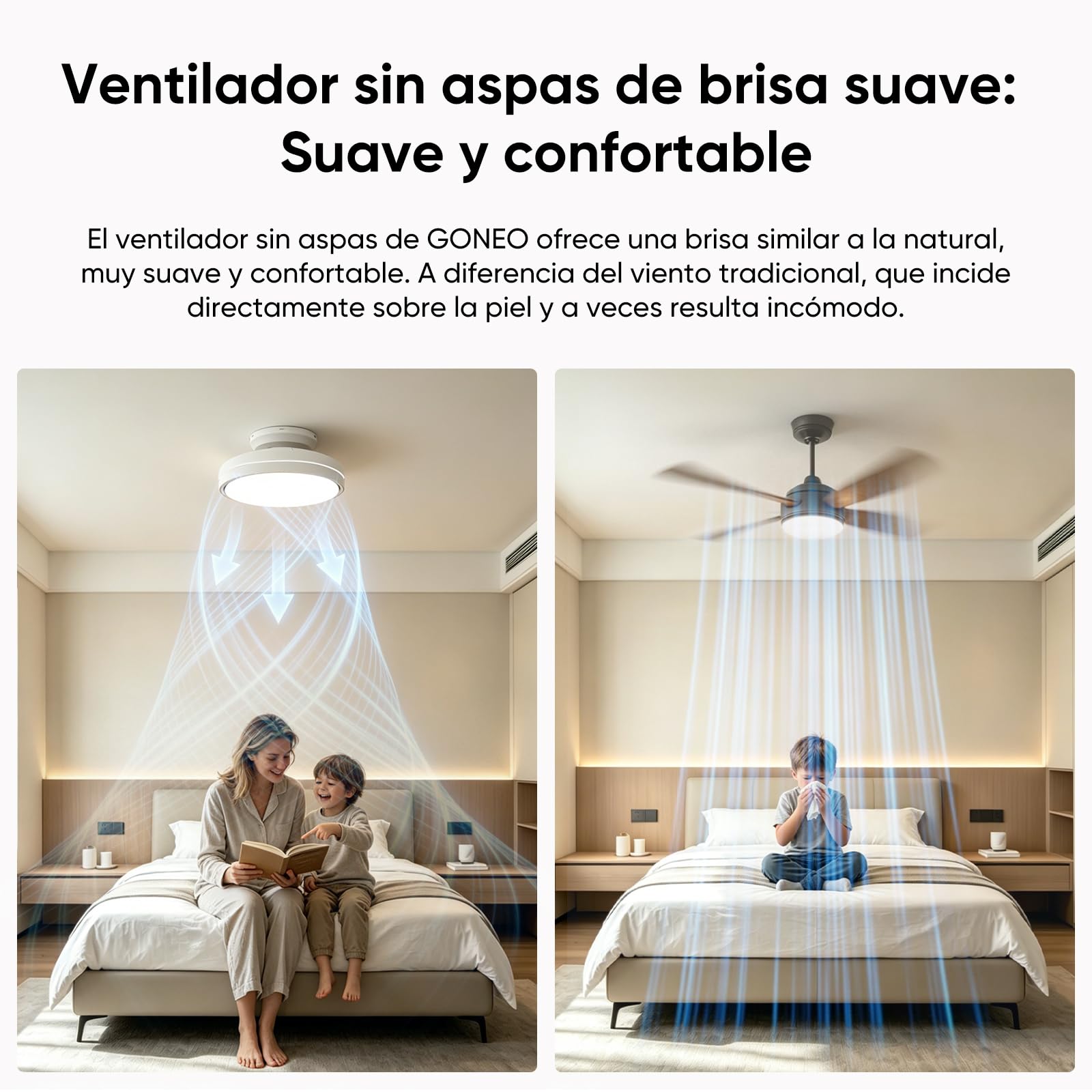 Ventilador de techo con luz LED sin aspas GONEO, ventilador silencioso con mando a distancia, lámpara ventilador para dormitorio e infantil, bajo ruido para dormir, ideal para habitación pequeña