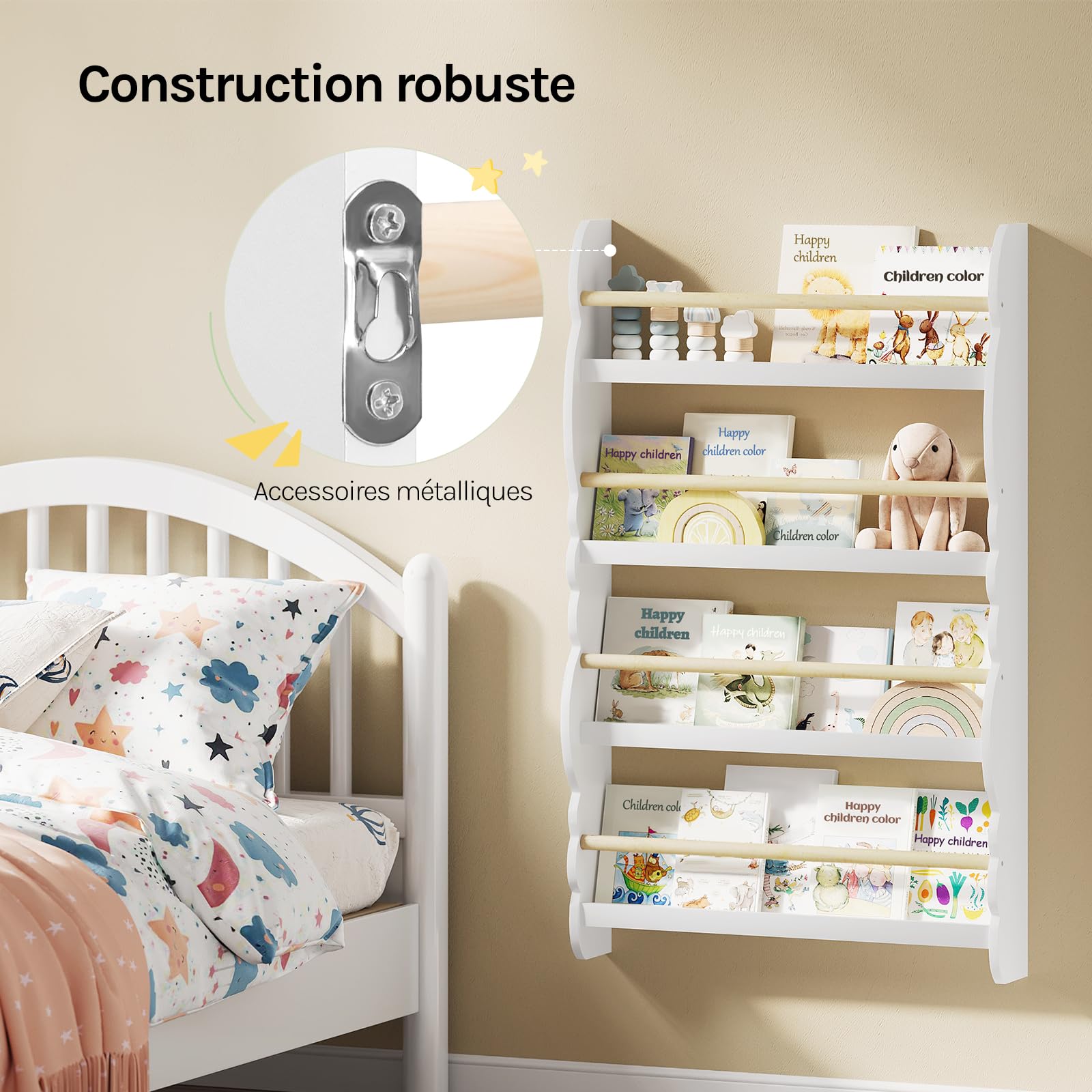 WOLTU Bibliothèque Murale, Étagère de Rangement pour Chambre d'enfants pour Ranger des Livres, 60x14,5x98 cm,Jouets en Bois MDF à 4 Niveaux, Blanc