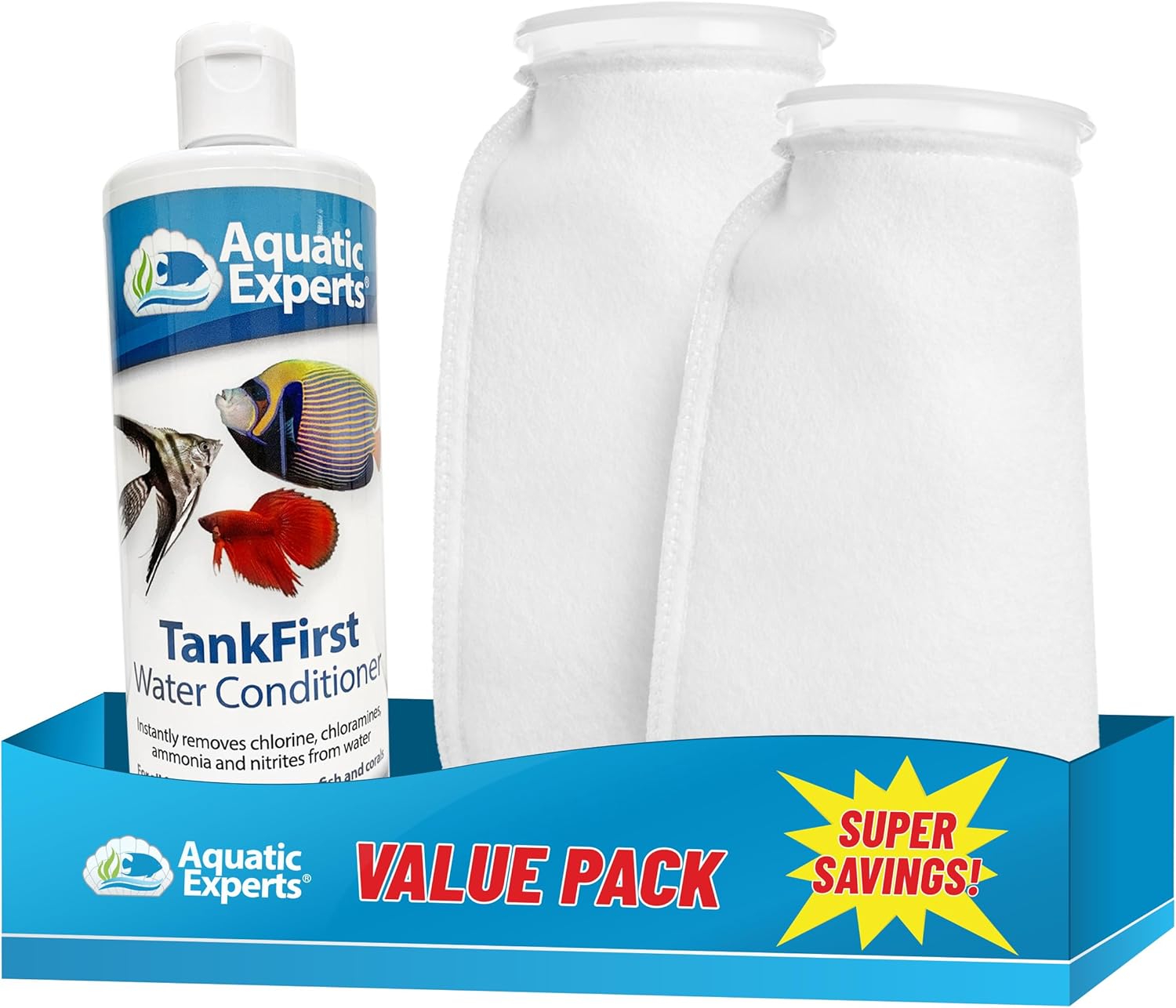 TankFirst Aquarium Water Conditioner 500 ml and 2-Pack, 7"x12" 100 Micron Felt Filter Socks 7"x12" - 2 Pack, Made in USA (Value Pack)