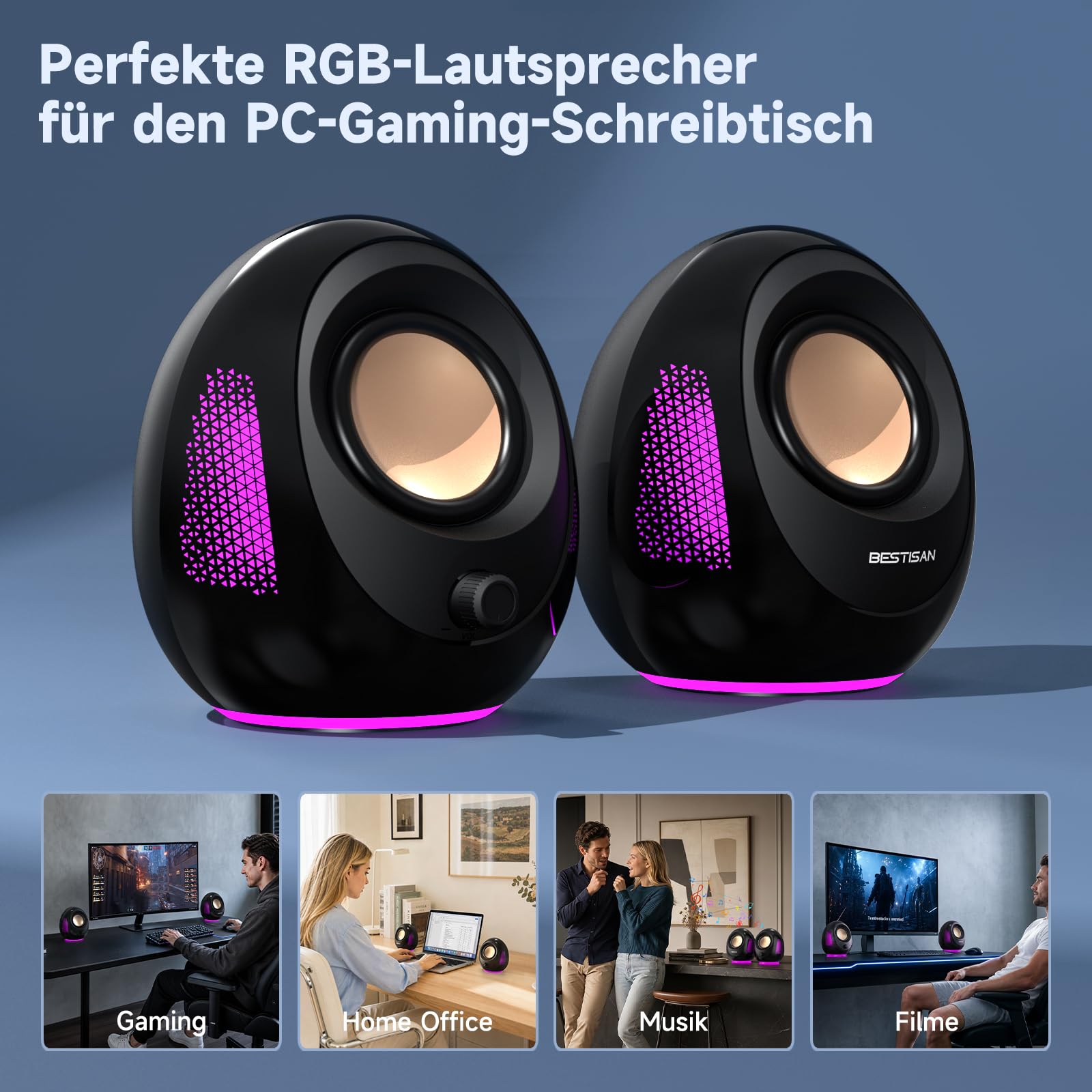 BESTISAN PC-Lautsprecher für Desktop-PC, USB-C/USB-betrieben, Bluetooth-Computerlautsprecher, farbenfrohe LED-Beleuchtung, 20 W