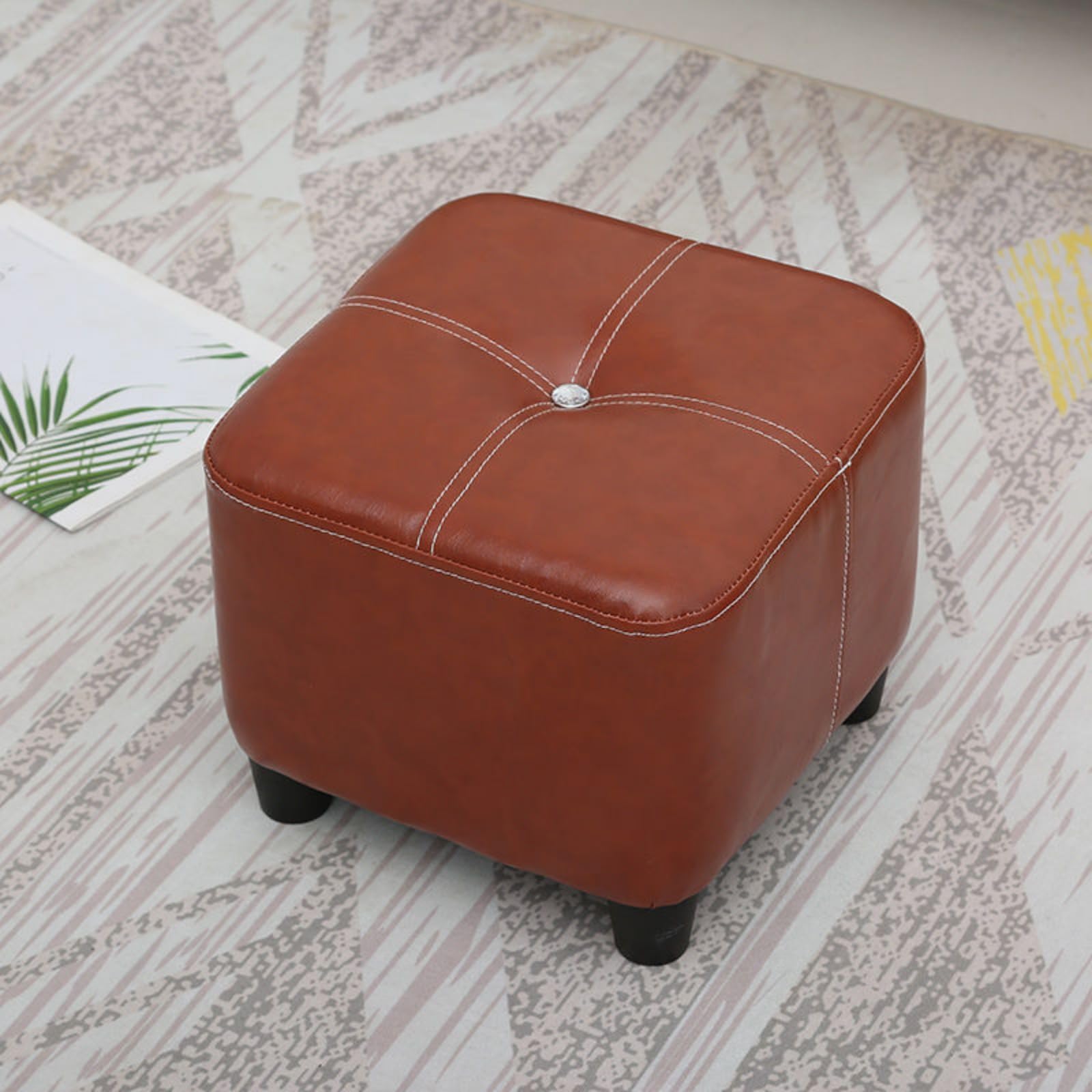 LMMIAOZ Square Foot Stool Brown Leather Soft Shoe Change Stool Anti Slip Easy to Clean H35CM
