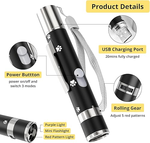 Miniatura 2 de Juguetes para Gatos, Juguetes Interactivos de Ratón para Gatos Recargables por USB, 3 Modos de Luz y 5 Patrones Ajustables, Juguete Portátil para