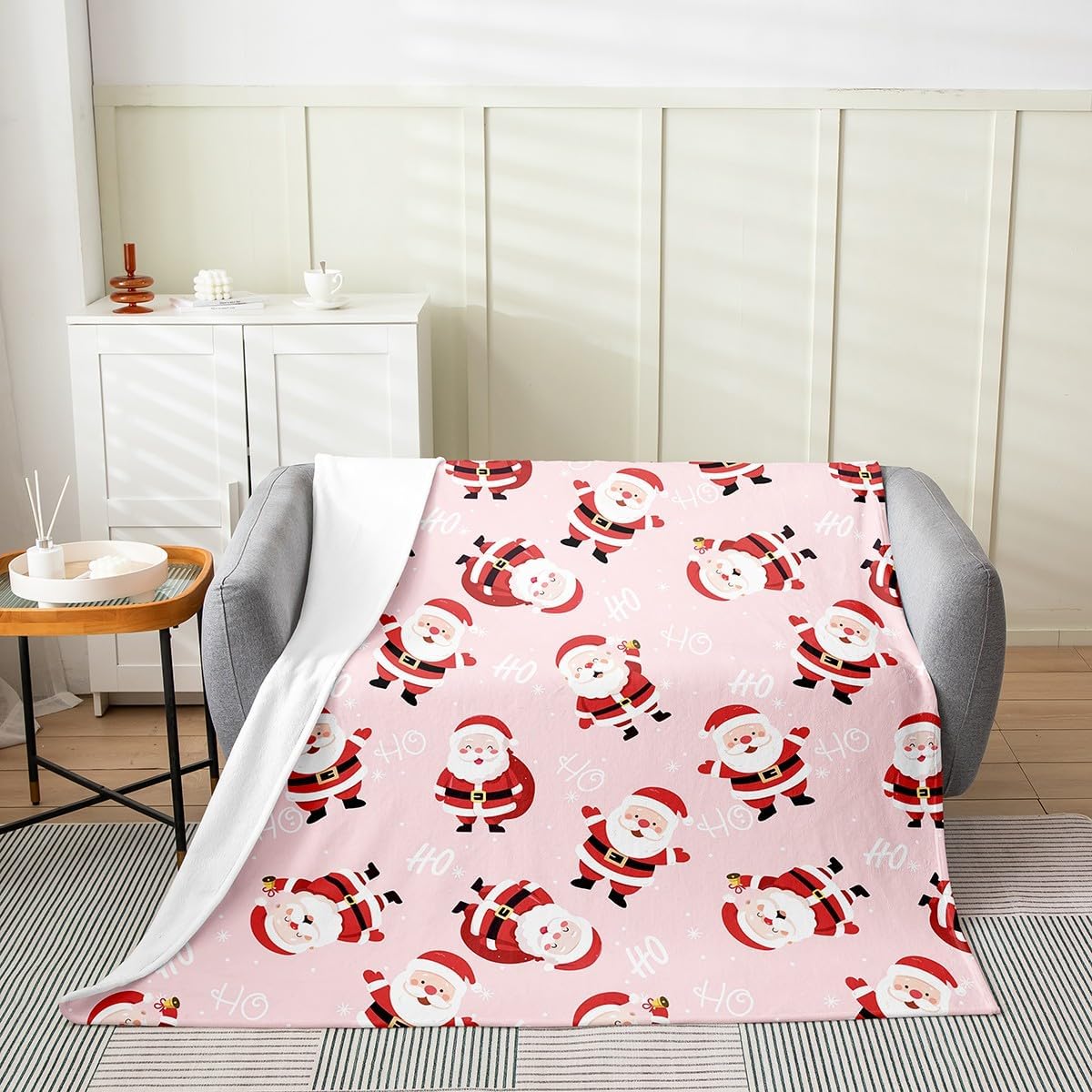Feelyou Christmas Plush Throw Blanket, Cartoon Santa Claus Flannel Fleece Blanket for Sofa Couch Kids Kawaii Xmas Theme All Season,Bed Blanket Pink New Year Breathable Room Decor Twin 60"x80"
