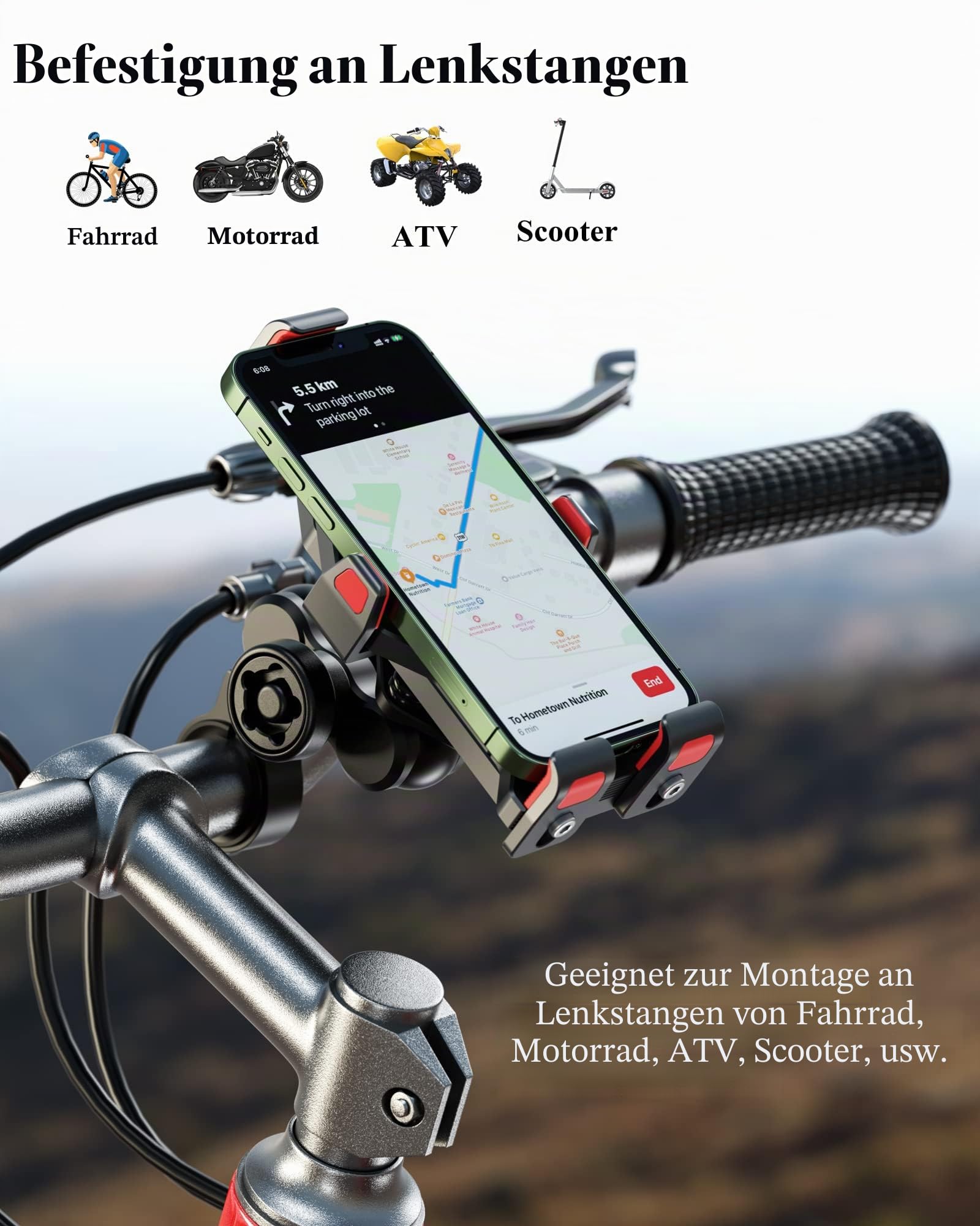 BRCOVAN Aluminiumlegierung Motorrad Handyhalterung mit Vibrationsdämpfer, Diebstahlsichere Handy Motorradhalterung, Verstellbar Lenker Handyhalter für Fahrrad, Roller, ATV, für 4,7-7,2 Zoll Smartphone