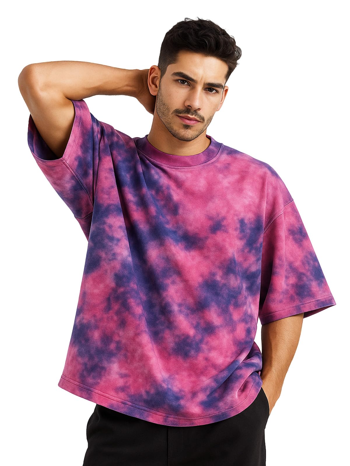 Veirdo T-shirt da uomo a mezza manica rotonda in 100% puro cotone oversize vestibilità ampia spalla goccia fresca e accogliente Tie & Dye rotonda mezza manica t-shirt per uomo (taglie: dalla S alla