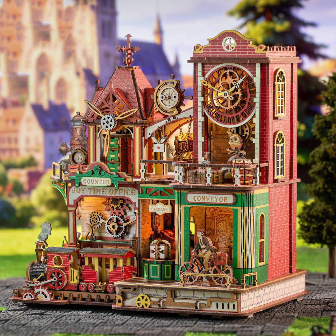 ELPHNUTSEY Miniaturowy dom Book Nook zestaw do majsterkowania z drewna, model 3D z czujnikiem dotykowym, 3 tryby (światło/obrót/muzyka), lokomotywa parowa i mechanizm zegarowy, diorama, zestaw do