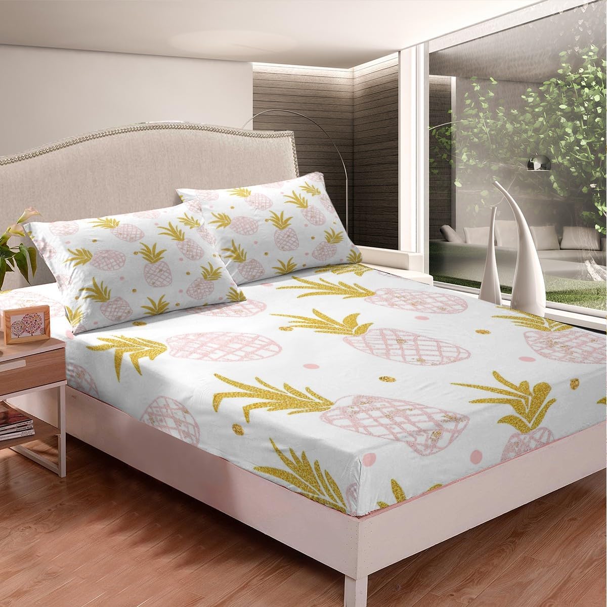 Feelyou Pineapple Sheet Set for Girls Kids Cute Pink Tropical Fruit Bedding Set Room Decorative Golden Polka Dots Bed Sheets Pineapple White Bed Sheet Set Queen Size 4Pcs Bed Set