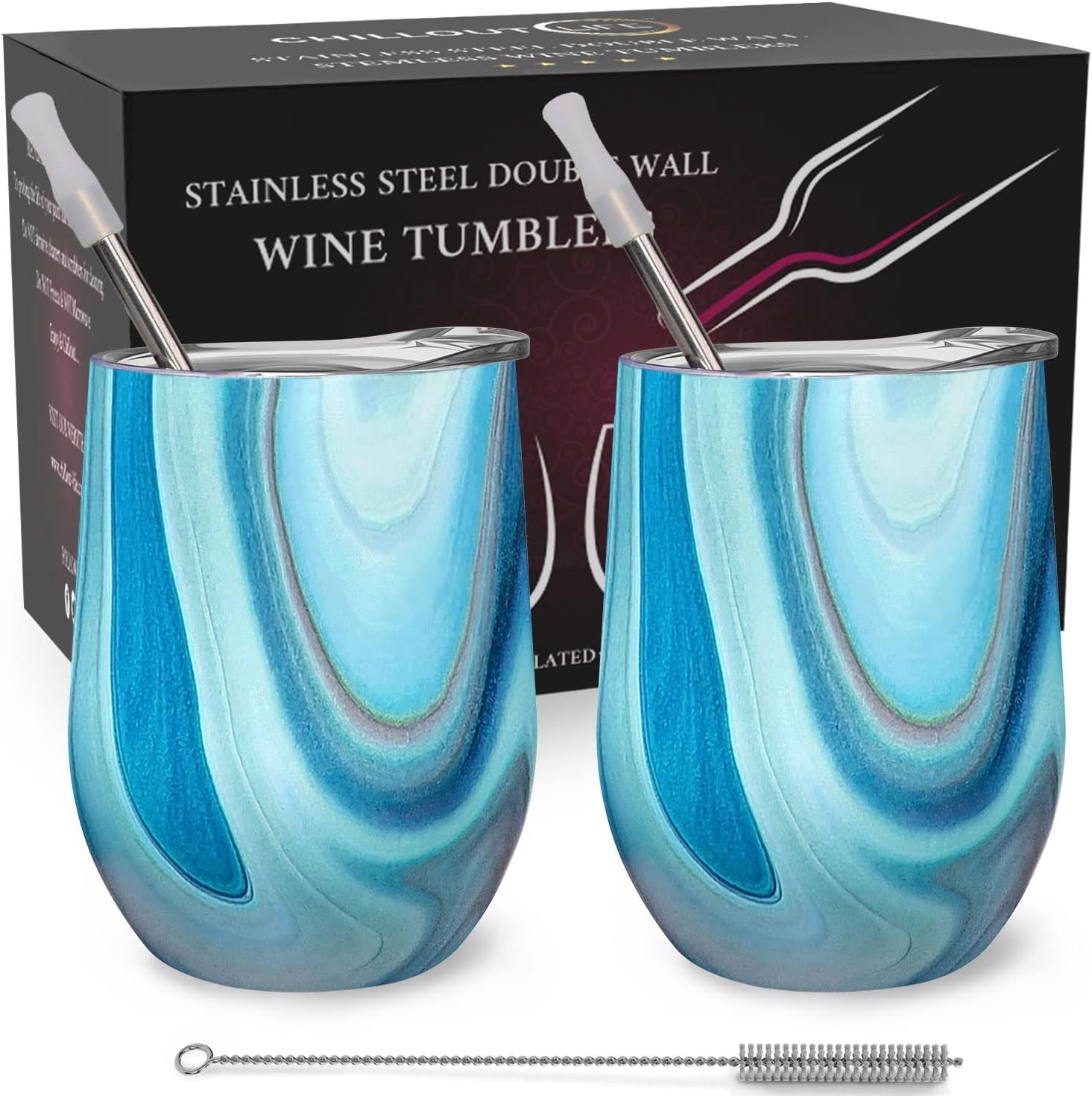 CHILLOUT LIFE 12 oz Stainless Steel Wine Tumblers 2 Pack - Double Wall Vacuum Insulated Wine Glasses Cups with Lids and Straws Set Keeping Cold & Hot for Coffee, Beer, Ice Cream - Ocean Marble Pattern