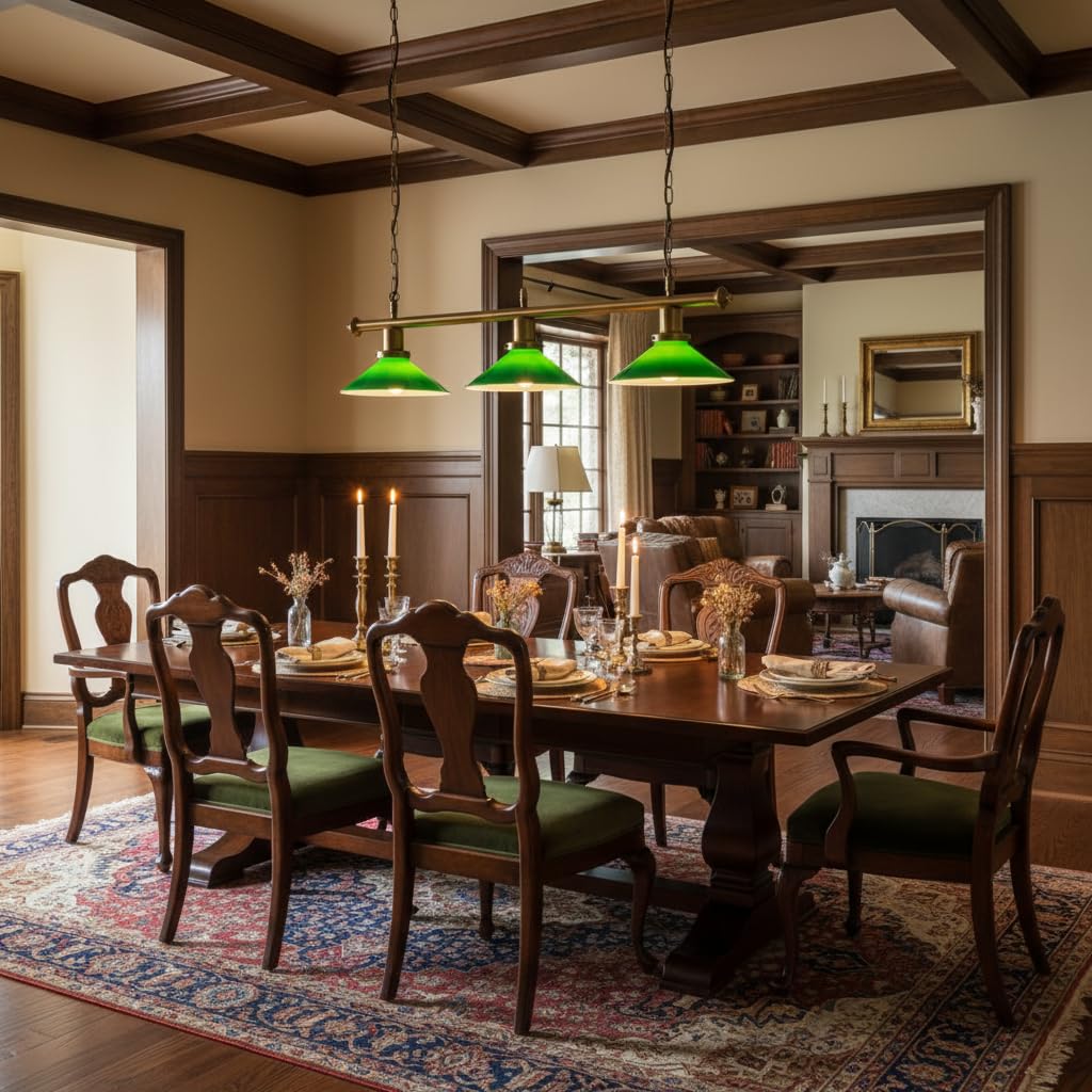 BARCELONA LED - Vintage Deckenpendelleuchte BANQUER mit 3x E27, Glasschirme in Grün oder Weiß, Gestell aus gealtertem Messing, dekorative Beleuchtung für Wohnzimmer, Esszimmer oder Billardtisch