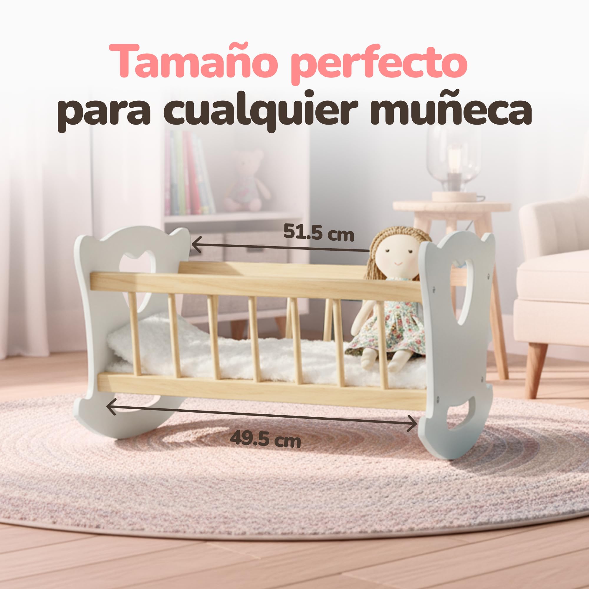 Kinderplay - Cuna de Madera con Ropa de Cama para muñecas de hasta 49,5 cm, Juguete de Madera para niñas a Partir de 3 años, Cuna sostenible para Juegos de rol y Regalo para niños