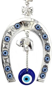 Turkish Blue Evil Eye with Lucky Elephant Wall Hanging Decor Ornament with a Betterdecor Pouch -Retro Silver