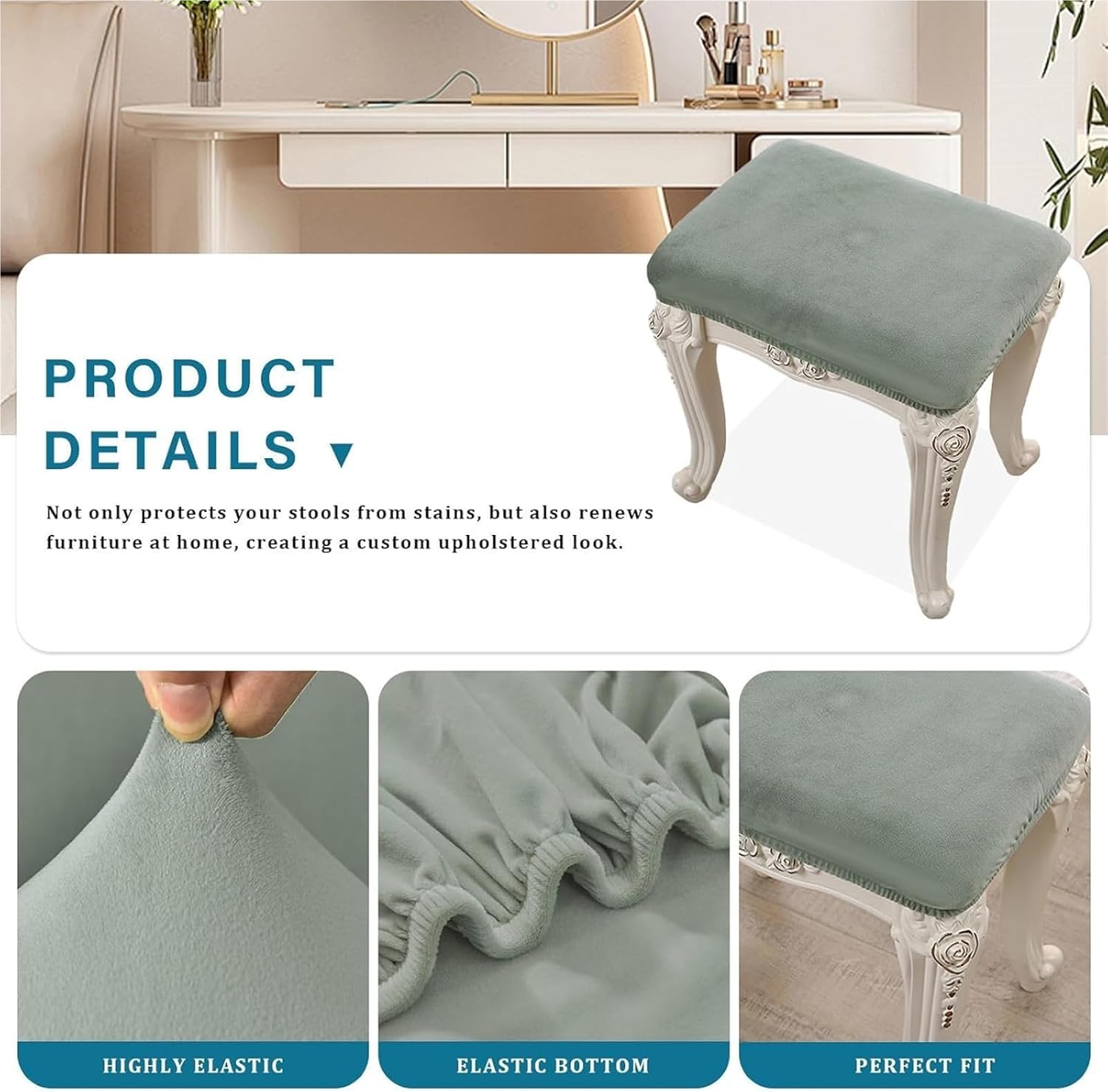 Velvet Stool Covers Rectangle 2/4/6 Pack, Stretch Rectangle Bar Stool Covers Elastic Vanity Stool Cover Chair Seat Slipcover Counter Stool Covers Saddle Seat Cover For Wooden Metal Bench(Green,4pcs)