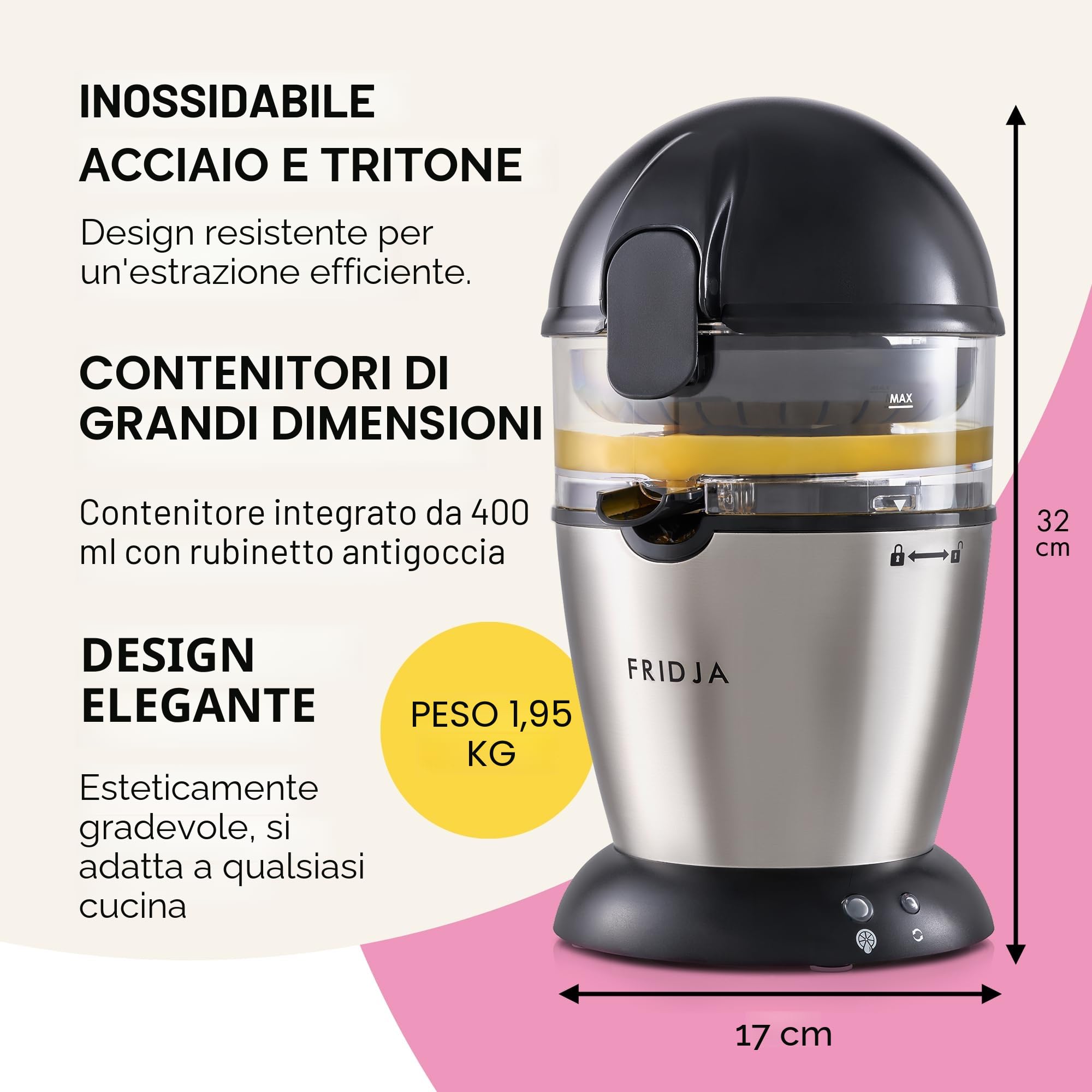 Spremiagrumi automatico (un pulsante per funzionare), senza fuoriuscite, senza schizzi, facile da pulire, spremiagrumi per succo appena spremuto, in acciaio inox, 50 W, 400 ml, Fridja f900
