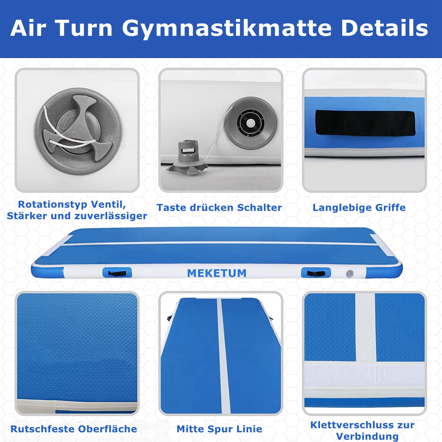 MEKETUM Air Track Tappetino Ginnastica Artistica 2 3 4 5 6 Metri 10/20CM Spessore Materasso Ginnastica da Casa/Yoga/Formazione/Cheerleading/Divertimento Acqua con Pompa Elettrica