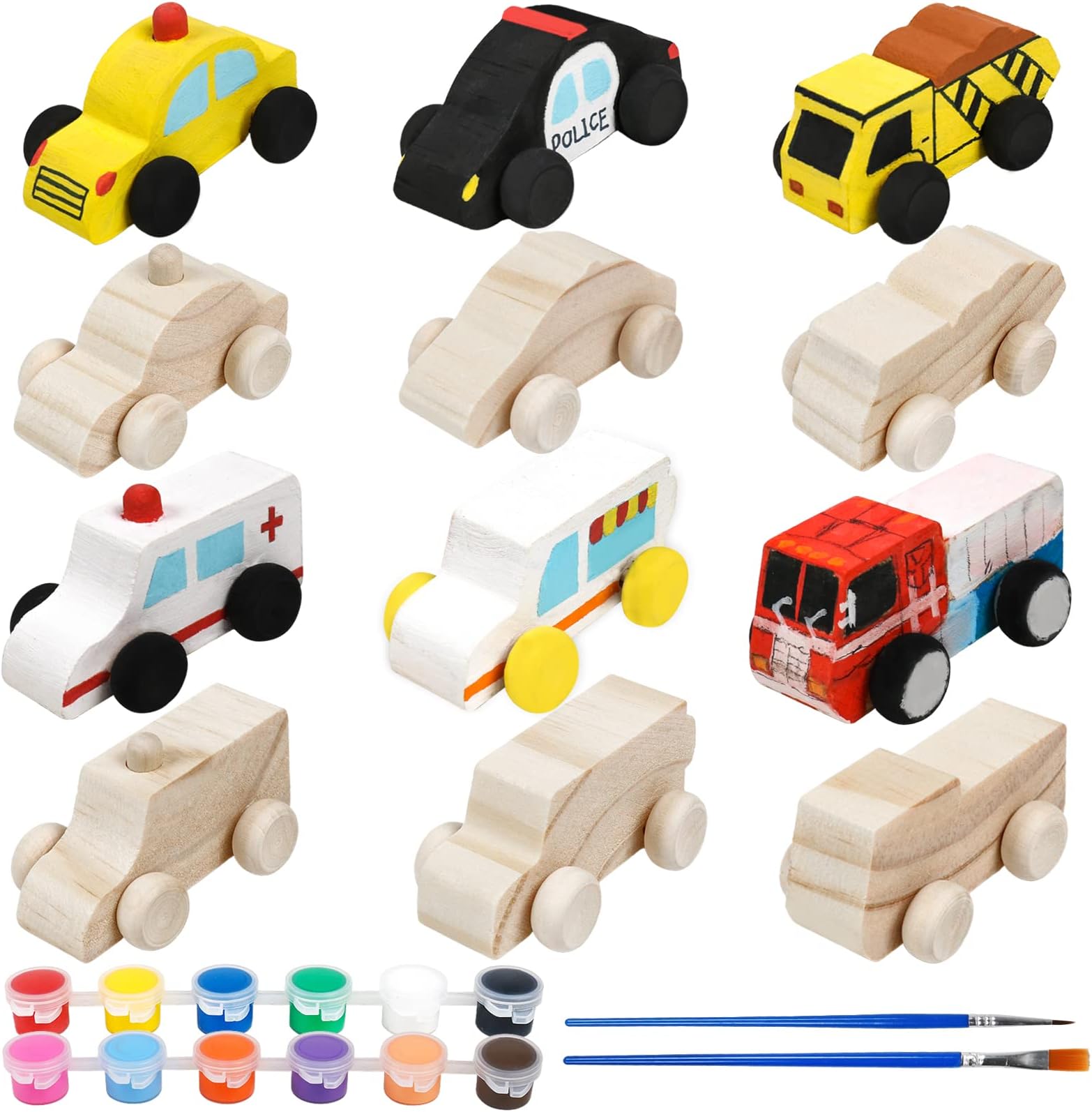 WANTKA 12 Pieces Unfinished Wooden Cars Wood DIY Car Toys Wood Crafts Painting Crafts Kit for Student Easy Woodworking Set Family Activities Arts and Crafts Kit for Kids